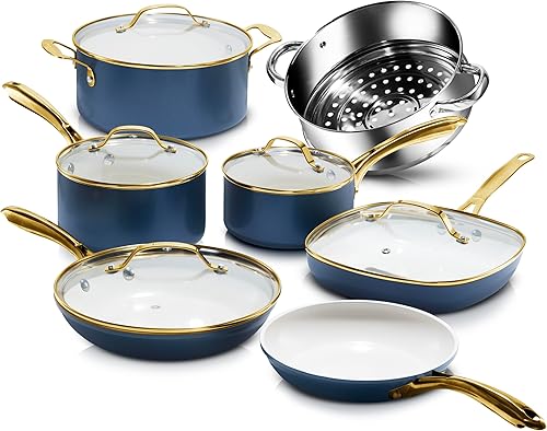 Gotham Steel Juego de 12 utensilios de cocina de cerámica antiadherentes, juego de ollas y sartenes de cerámica antiadherentes con vaporizador para