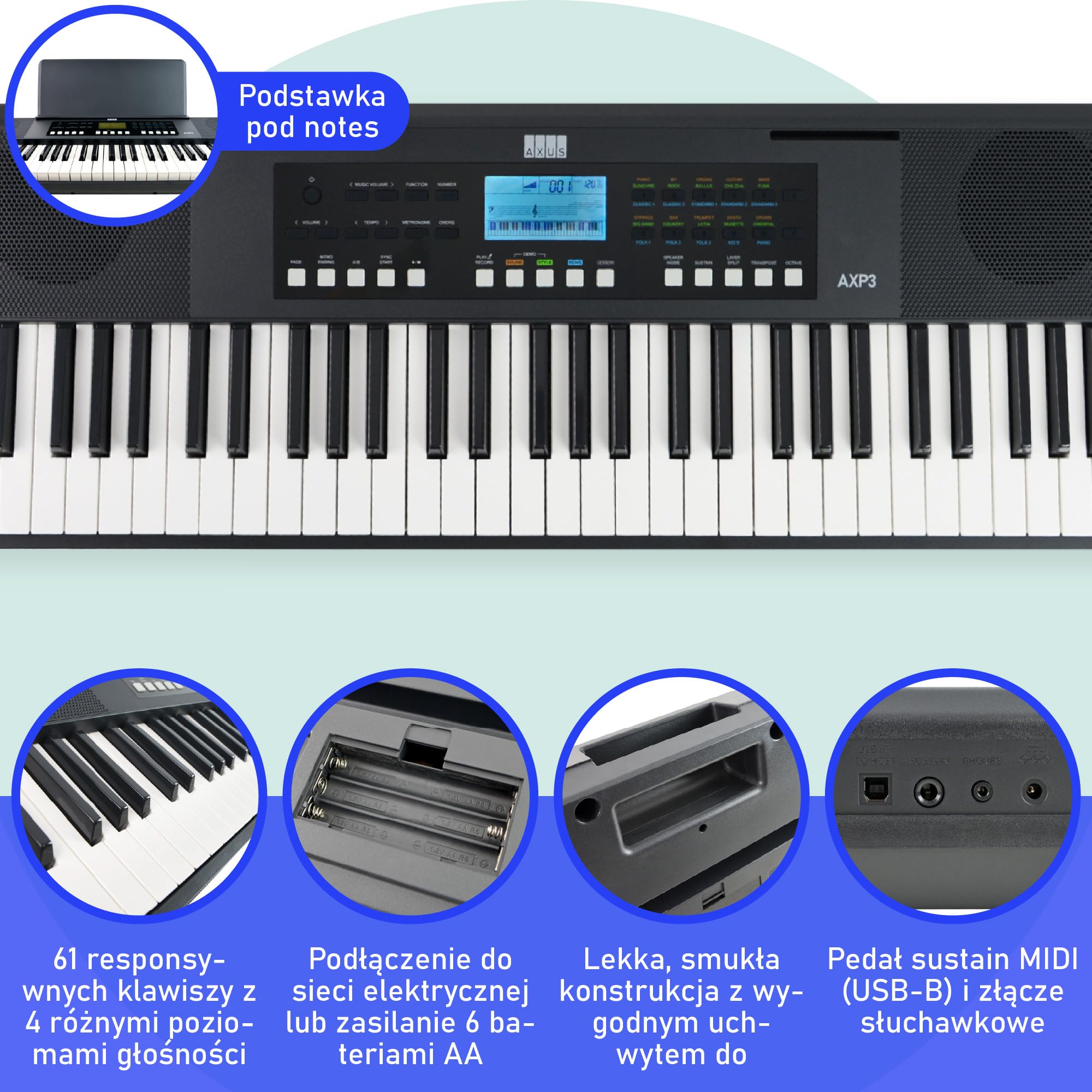 Axus 61 Key Keyboard Piano, Przenośna, Czuła Na Dotyk, Lekka, Wąska Klawiatura Z Uchwytem do Przenoszenia, Zasilaczem, 450 Głosami i Pulpitem pod Nuty