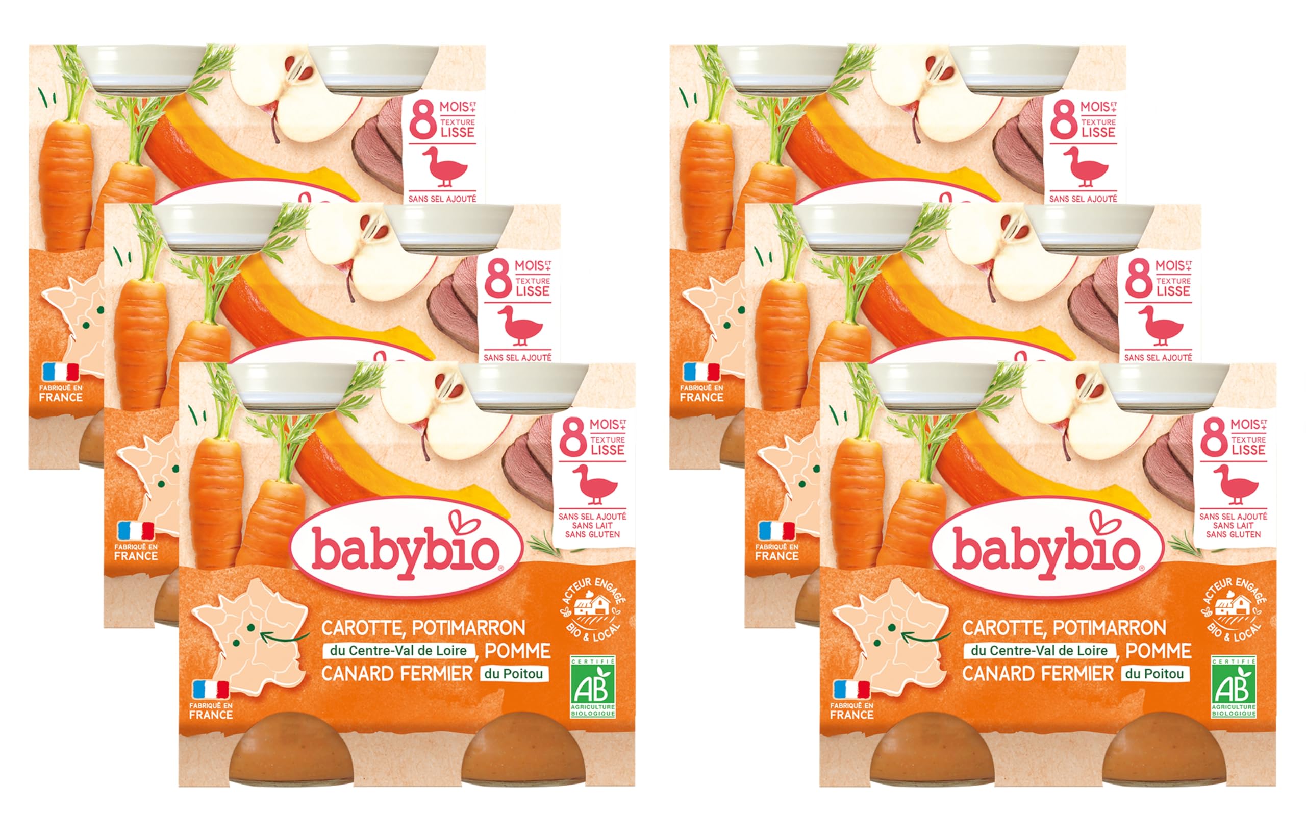 Babybio Pots Carotte Potimarron Pomme/Canard Fermier du Poitou 400 g - Lot de 6