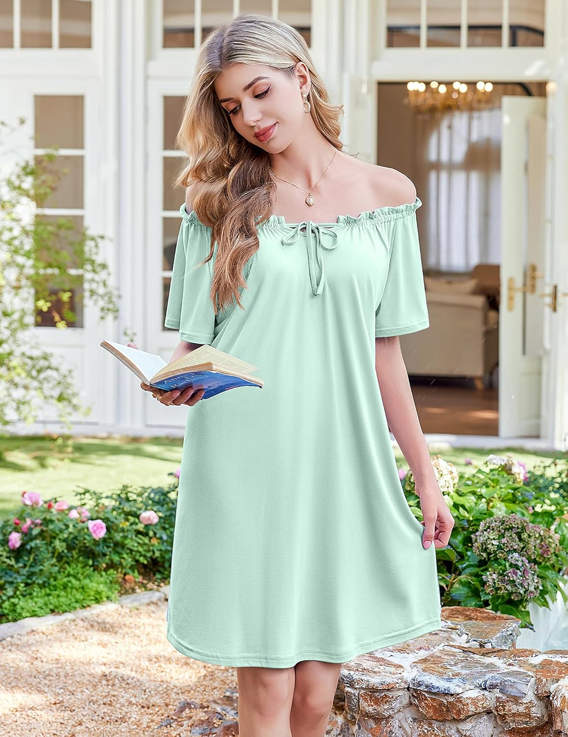 Ekouaer Nightgowns for Women Pleated Sleep Shirts Short Sleeve Night Shirts Comfy Ladies Sleepdress - Image 5