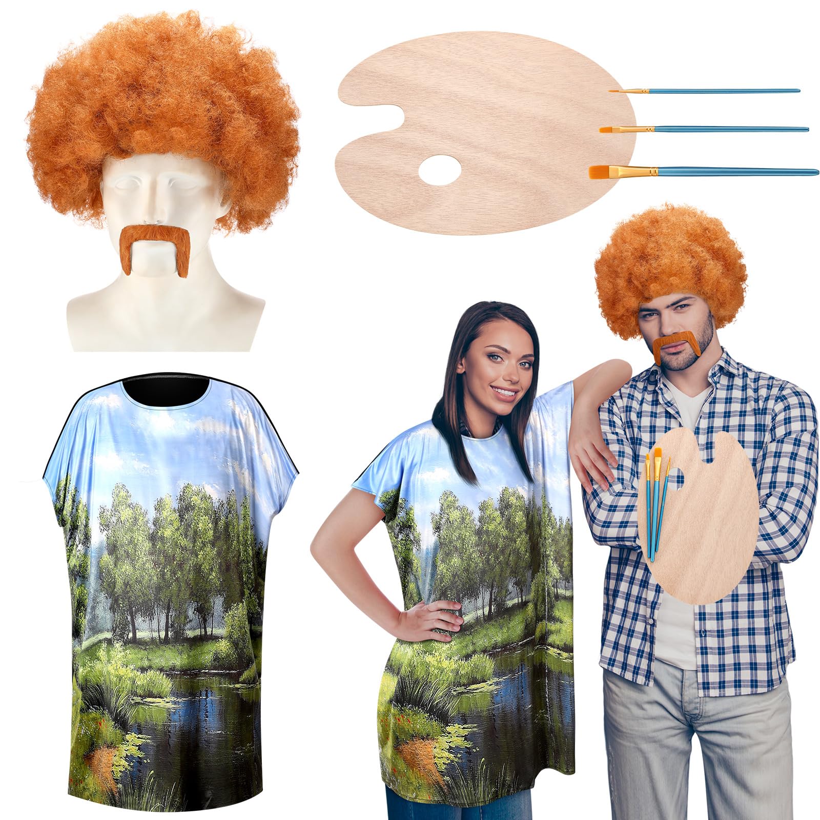 7 Pcs Halloween 80s Painter Couple Costume Artist Painting Tree Tunic Dress Painter Afro Wig Beard Palette Brushes Kit Artist Painting Costume for Halloween Couple Cosplay Party