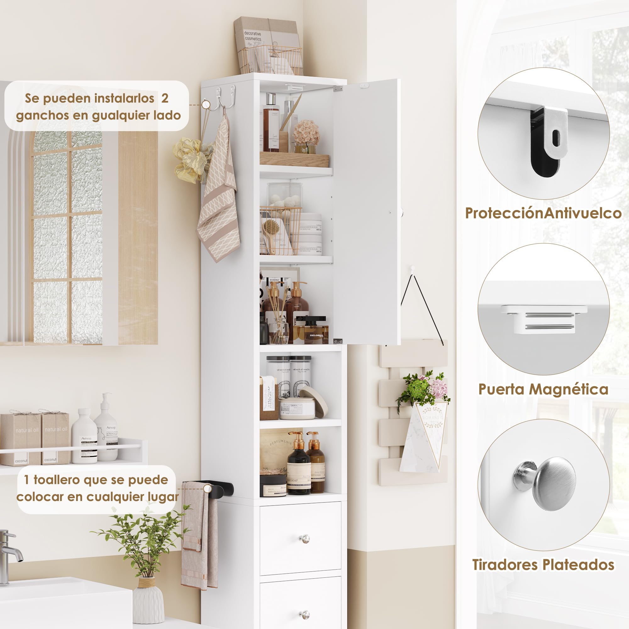 FOREHILL 181.5cm Armario Alto de Baño Armario Baño Columna Mueble Baño Estrecho, con 2 Puertas, 2 Cajones, 2 Compartimentos Abiertos, Estantes Ajustables para Espacios Pequeños Blanco, 20x20x181.5 cm