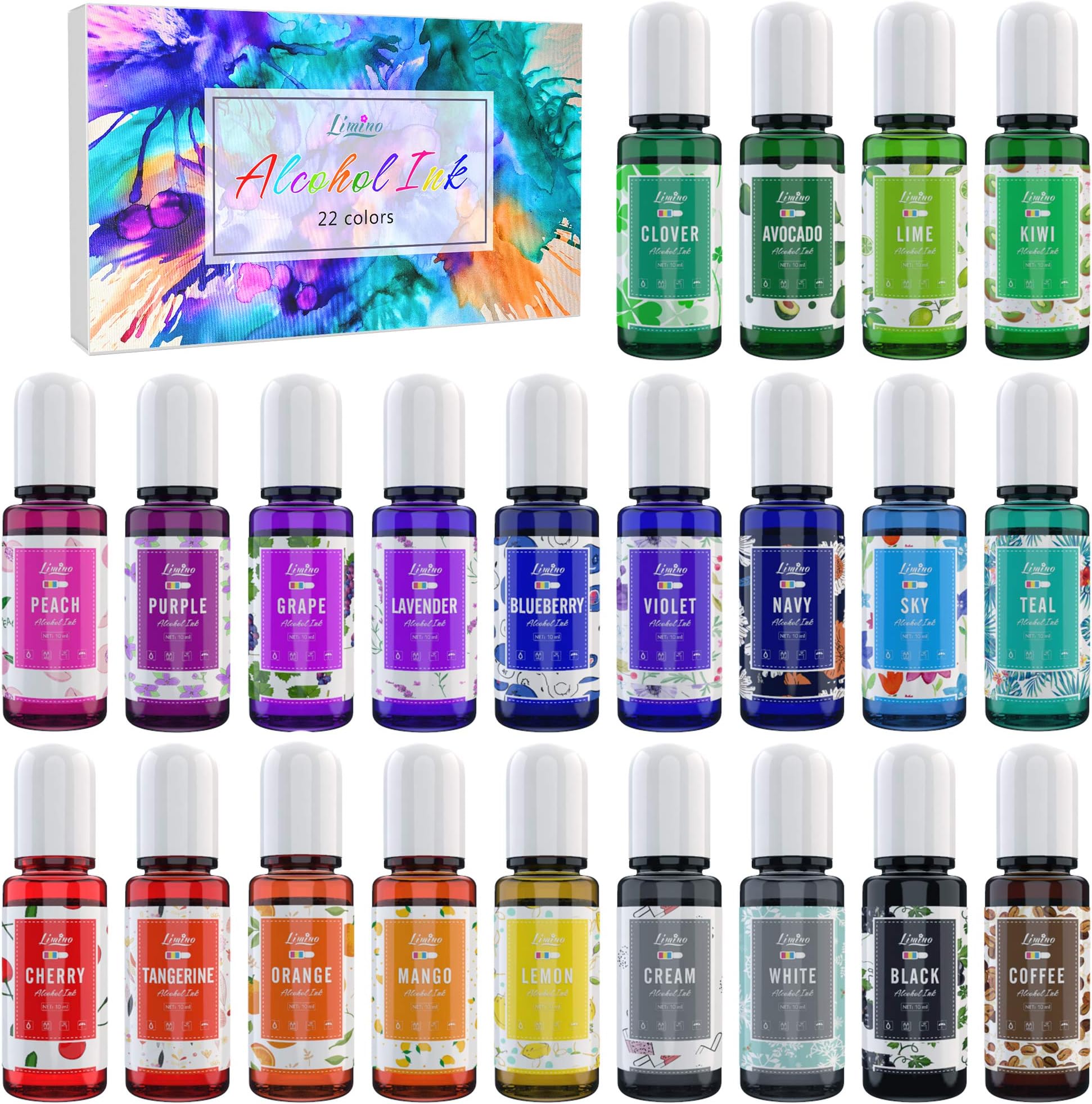 Alcohol Ink Set - 22 Colors x 10ml Alcohol Based Ink for Epoxy Resin Art, Coaster, Yupo, Tumbler Making - Concentrated Paint Color Dye