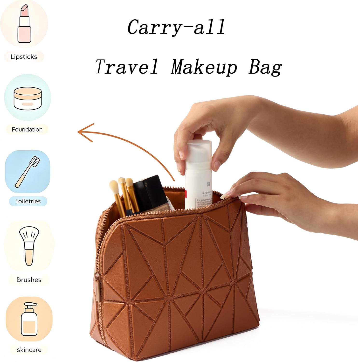 PU Leather Free Standing Travel Makeup Bag with Fold-down Design, Women Cosmetic Bag with Adjustable Dividers and Brush Holders, Waterproof Travel Bag Organizer Pouch image 5