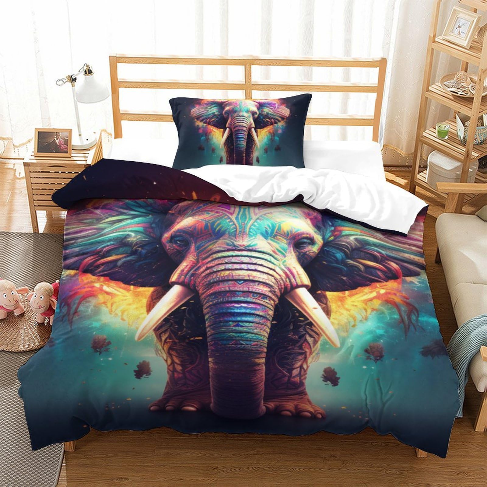 Housse de couette éléphants 3D parure de lit microfibre haute densité 135x200