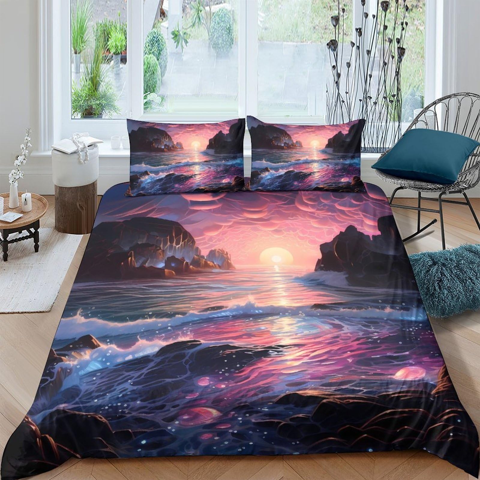 P5V6M1Q9 3D Printed Sunset Ocean Duvet Cover Microfiber Breathable Rocky Coast Bedding Set with 2 Pillowcases for Bedroom Decor Single（135x200cm）