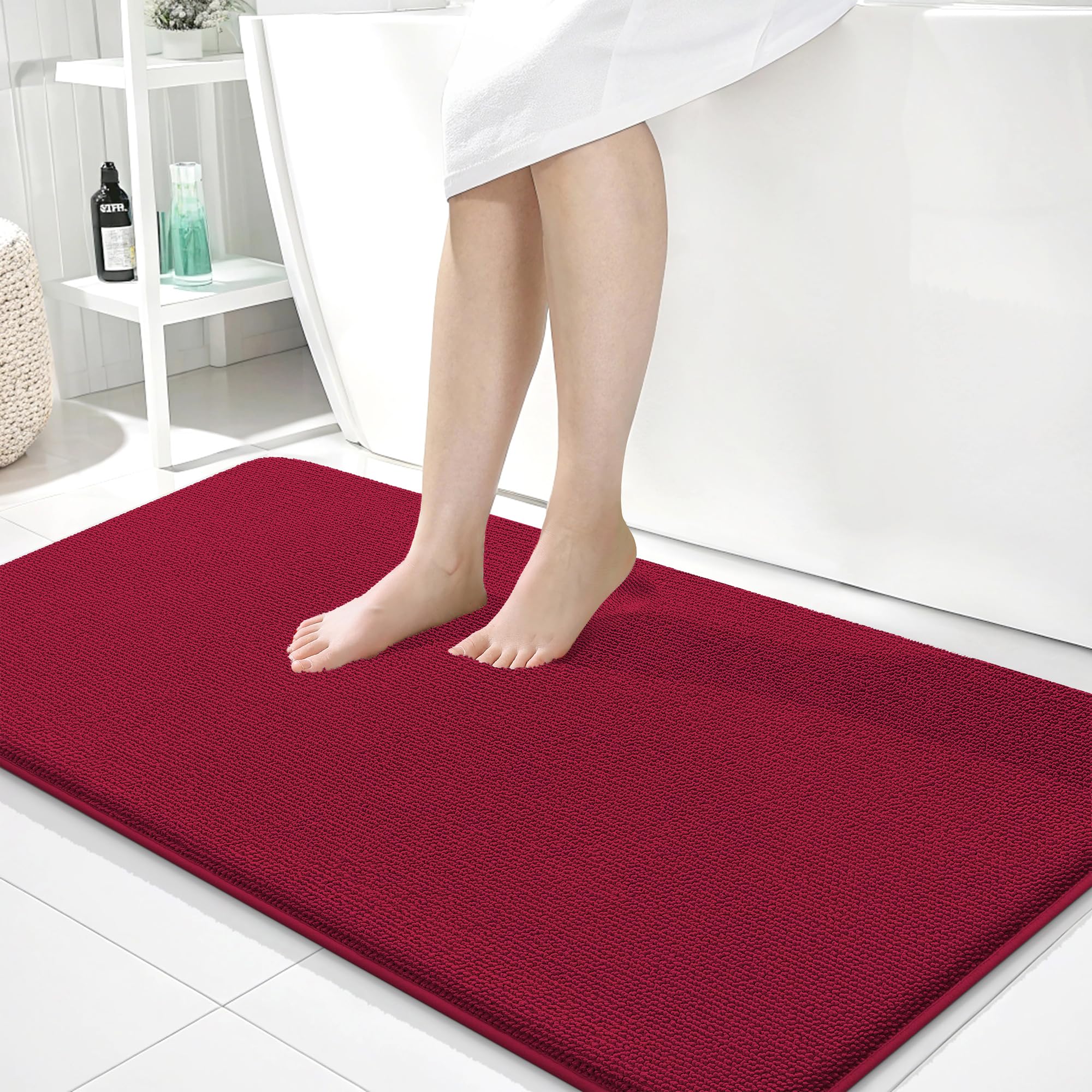 OLANLY Memory Foam Bathroom Runner Rugs 44x24, Absorbent Long Mat, Burgundy