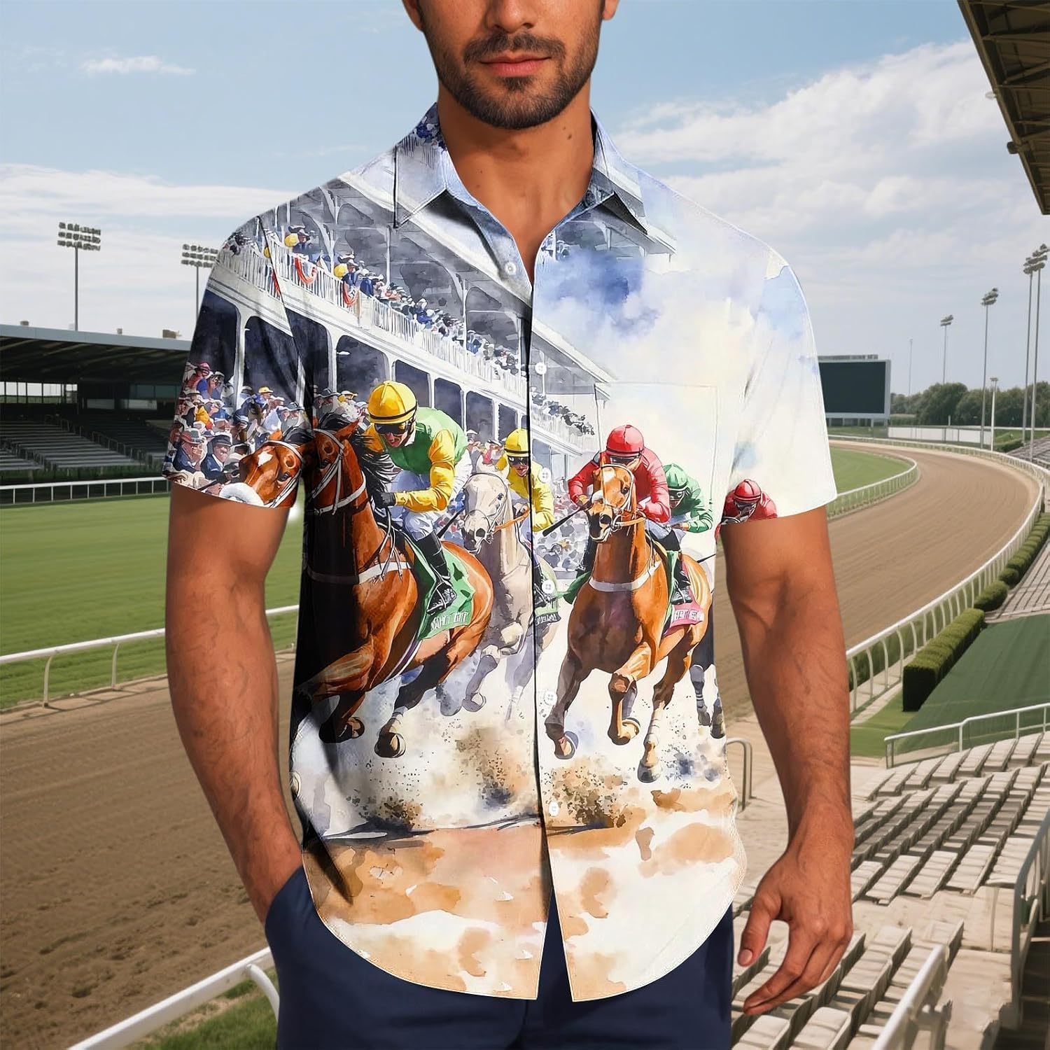 Horse Racing Shirt for Men Hawaiian 3D Graphic Funny Button Down Short Sleeve Tropical Beach Vacation Shirts