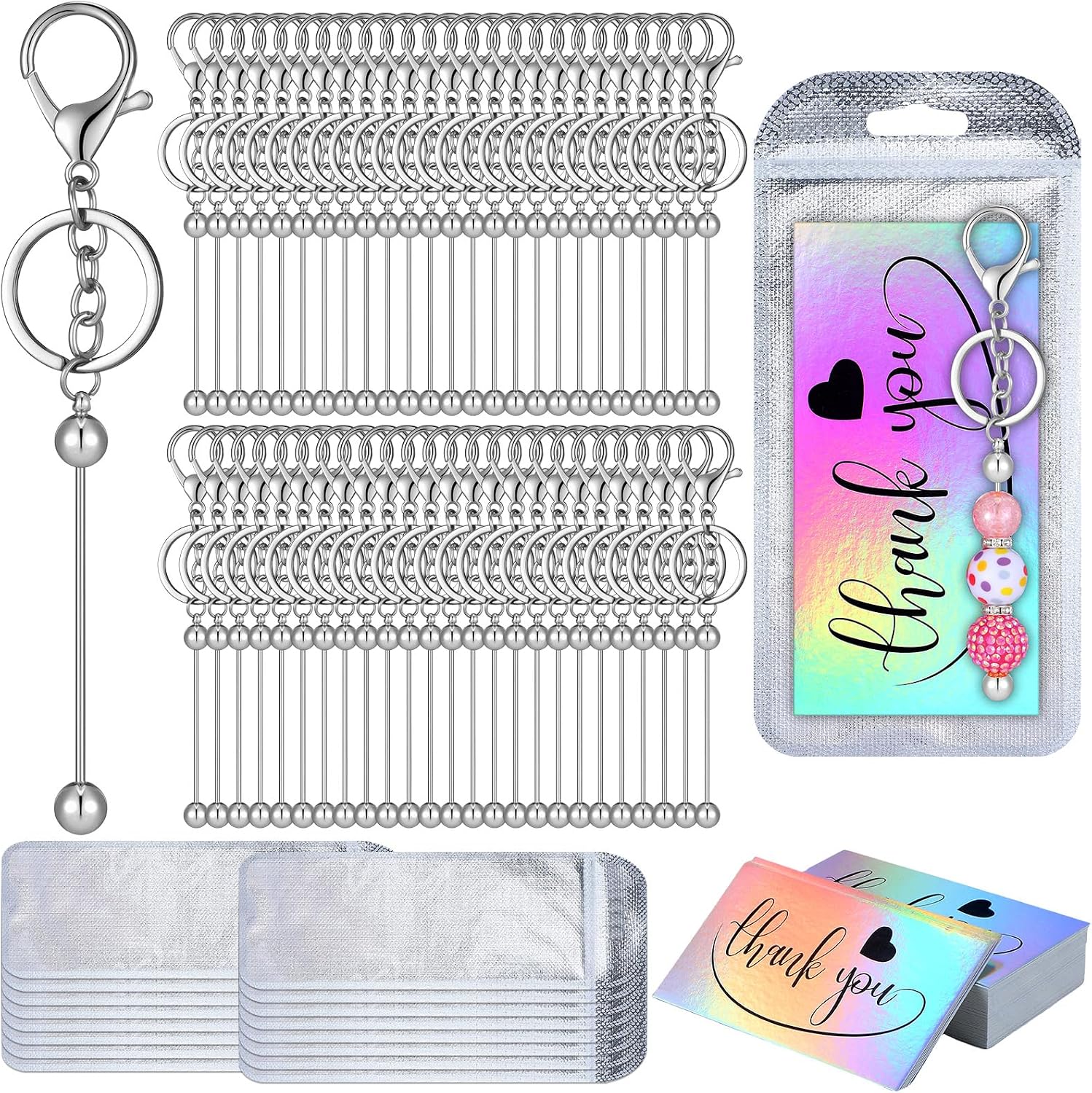 Sasylvia 90 Pcs Beadable Keychain Bars Bulk Making Kit Thank You Cards Bag