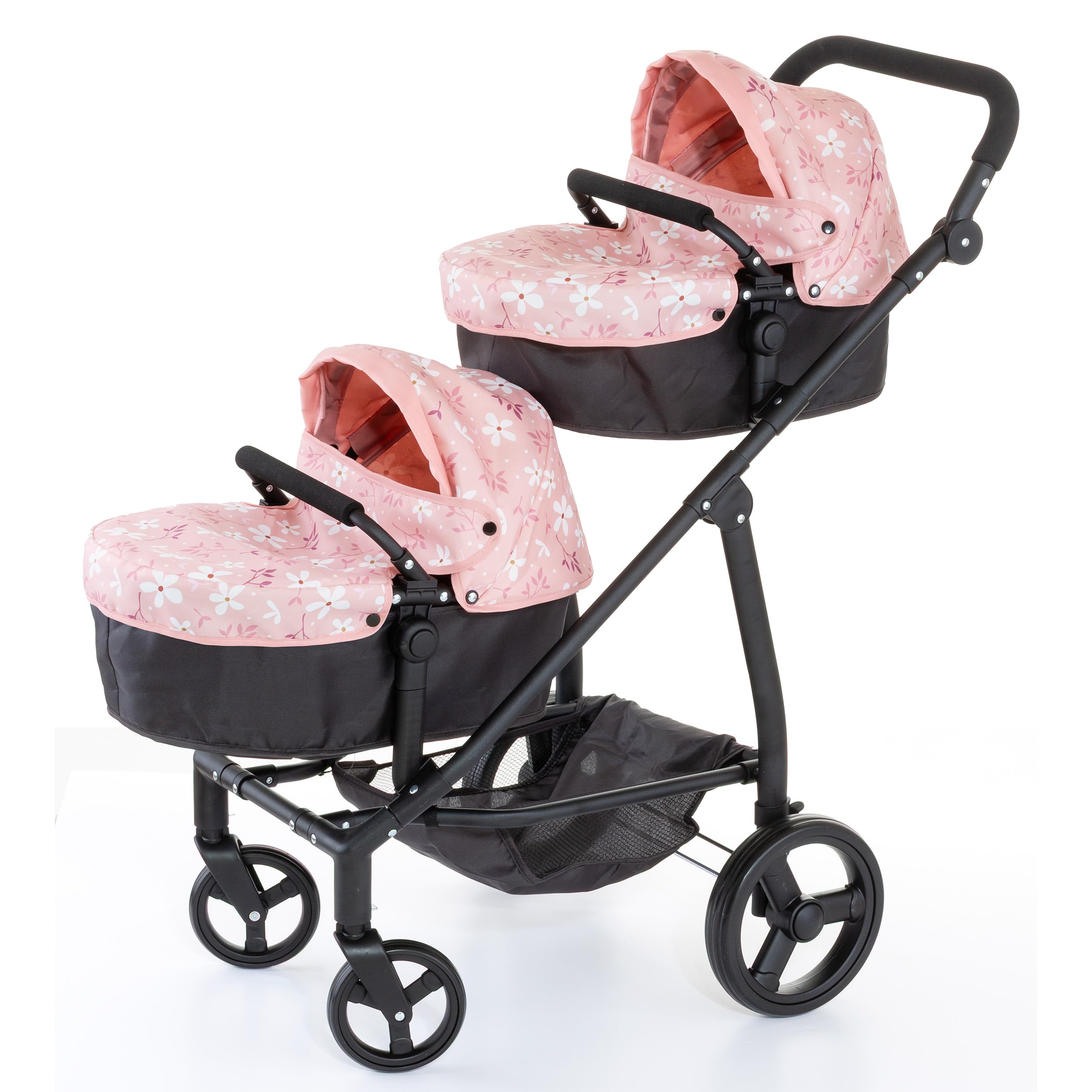 MOLTO – Zwillingskinderwagen für Puppen, zusammenklappbarer Doppelkinderwagen mit umbaubaren Babytragetaschen, 360°-Rädern und verstellbarem Schiebegriff, für Puppen bis zu 46 cm, ab 3 Jahren