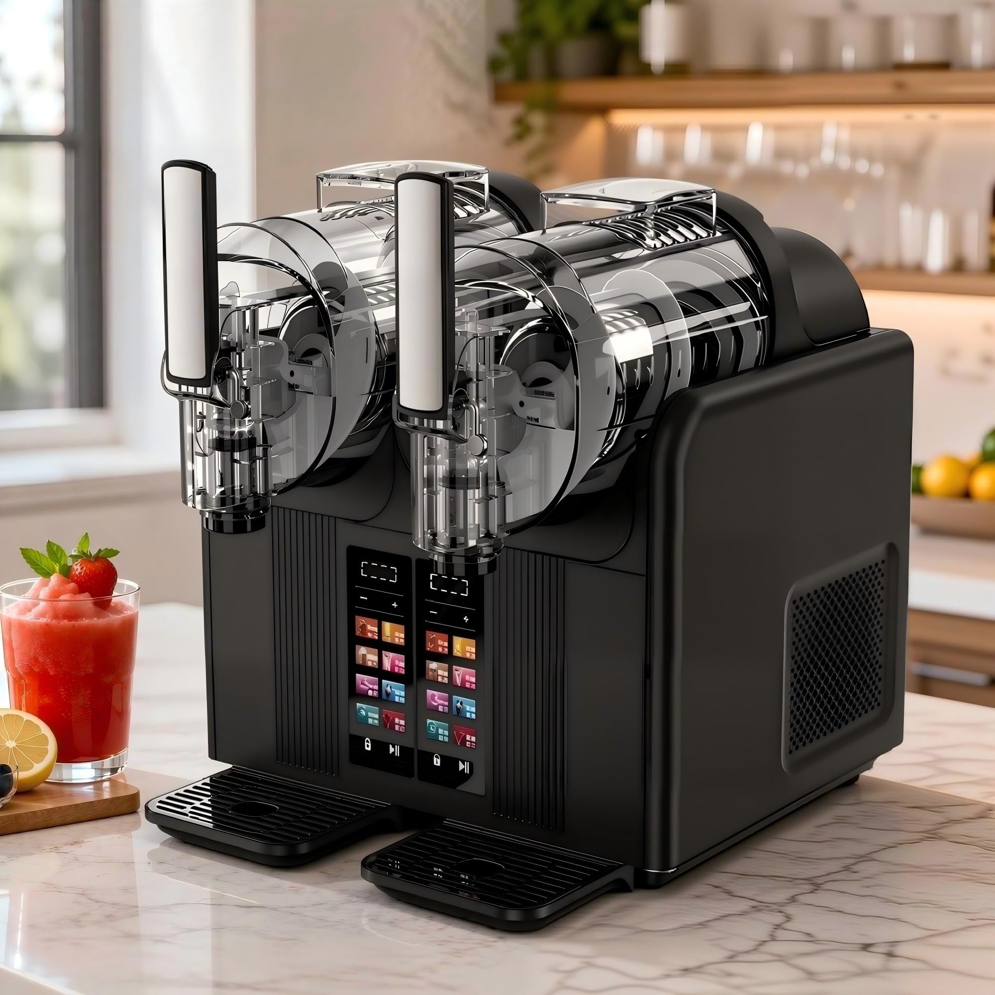 Máquina de Slush y Soft Serve de Doble Tanque – 2x2L, Pantalla Táctil Inteligente,7 Ajustes Preestablecidos, Mezclado 360°,Dureza Ajustable (Cremoso A Crujiente), Limpieza Automática con un Botón