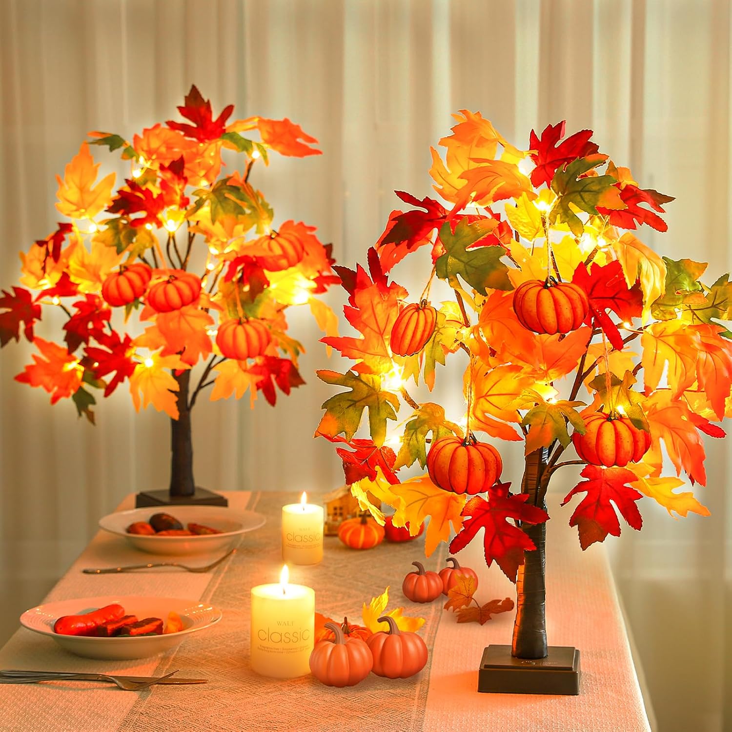 Fall Decor 2 Pack 24 Inch Lighted Fall Maple Tree Fall Decorations for Home,Tabletop Fall Trees 48 LEDs Battery Powered with 8pcs Pumpkin Ornaments Halloween Thanksgiving Decorations Indoor