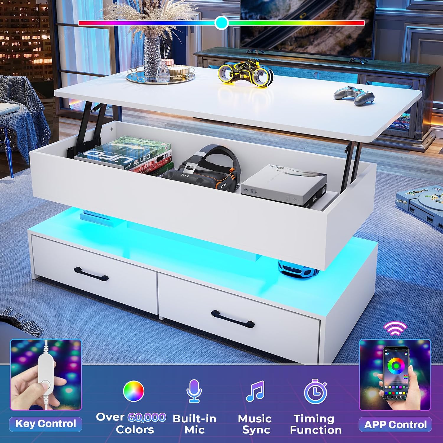 Image showing the LED light features of the coffee table, including key control, over 60,000 colors, built-in mic for music sync, and timing function, all controllable via an app.