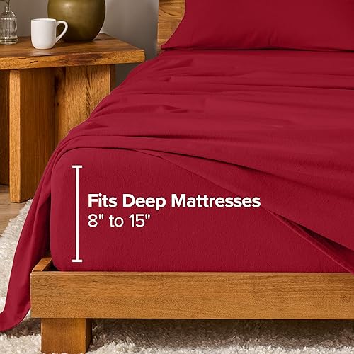 Vista 6 de Bare Home - Juego de sábanas de franela 100 % algodón, terciopelo suave y pesado, franela de doble cepillado, bolsillo profundo (Queen, color rojo)