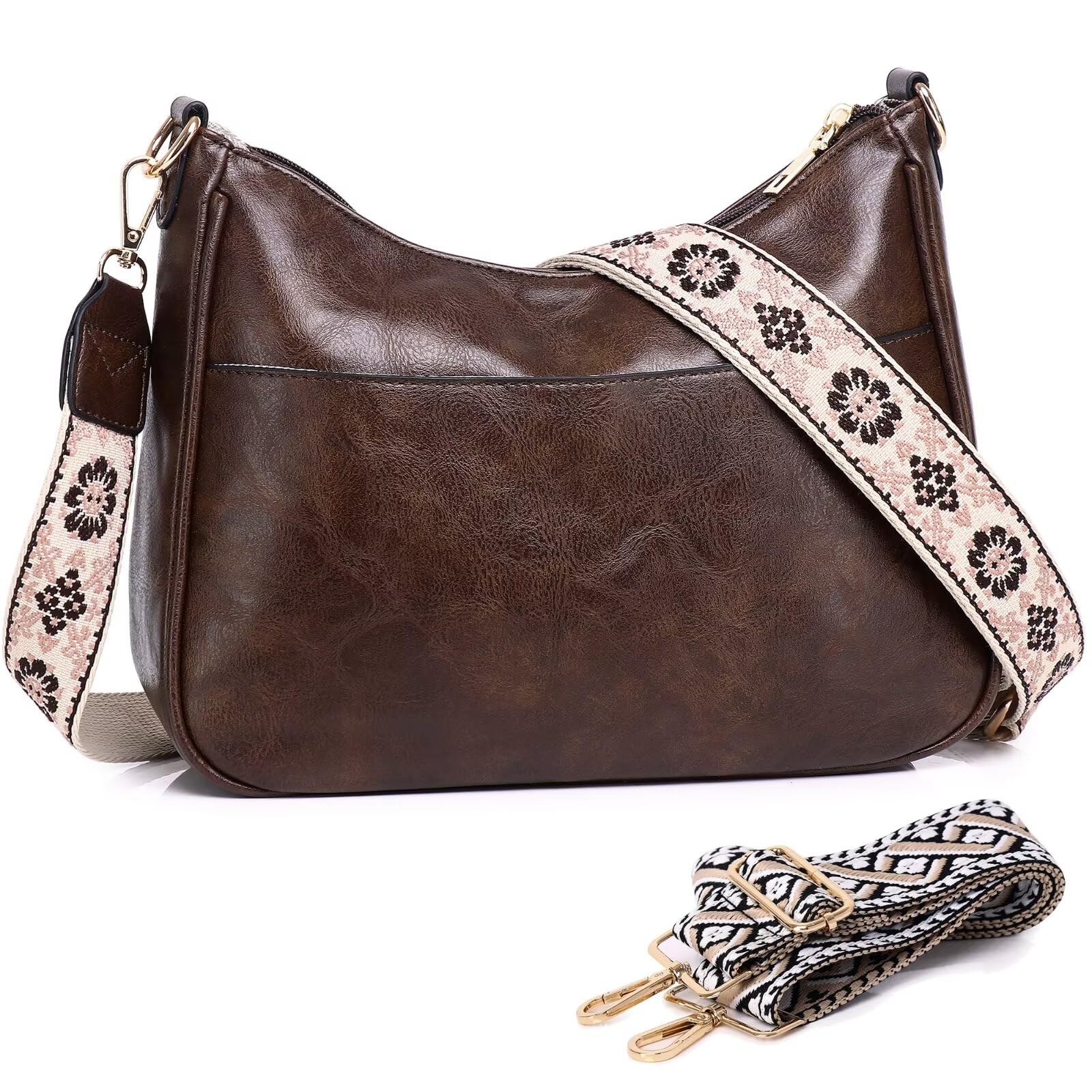 AUYOCO Vegan Leather Crossbody Bags for Women, Crossbody Purse with Guitar Strap Zipped Pockets Handbag Shoulder Bag