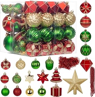 75PCS Christmas Ornaments Set Red & Green – Shatterproof Xmas Tree Decorations Balls Kit with Tree Topper Star, Tinsel Garland, Hanging Baubles for Holiday Party Décor Indoor Outdoor
