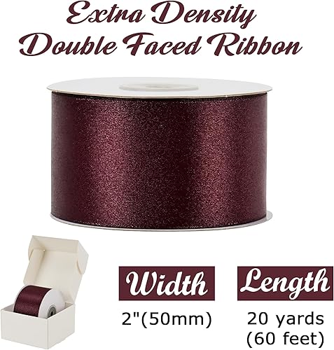 Miniatura 2 de HUIHUANG Cinta gruesa de color borgoña profundo, cinta de satén brillante de 2 pulgadas para envoltura de regalos de Navidad, cinta de vino borgoña