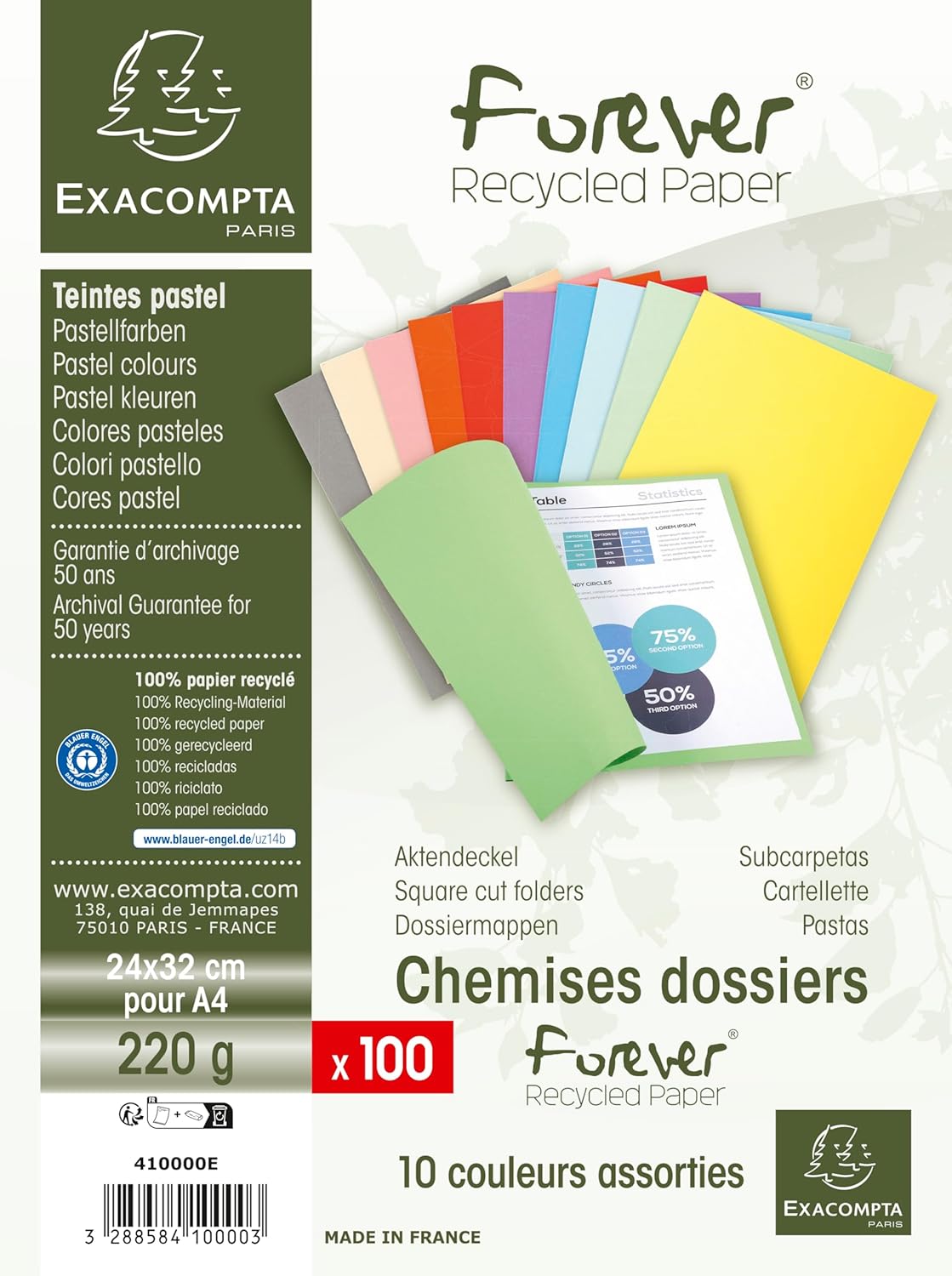Exacompta - Ref 410000E - Forever Collection - Recycled Square Cut Folder - A4 (210 x 297mm), 220gsm Recycled Board, Blue Angel Certified - Assorted Colours (Pack of 100)