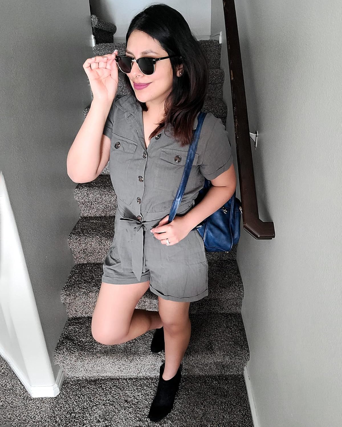 GRAPENT Women's Summer Short Sleeve Button Down Pockets Belted Jumpsuits Rompers - Image 7