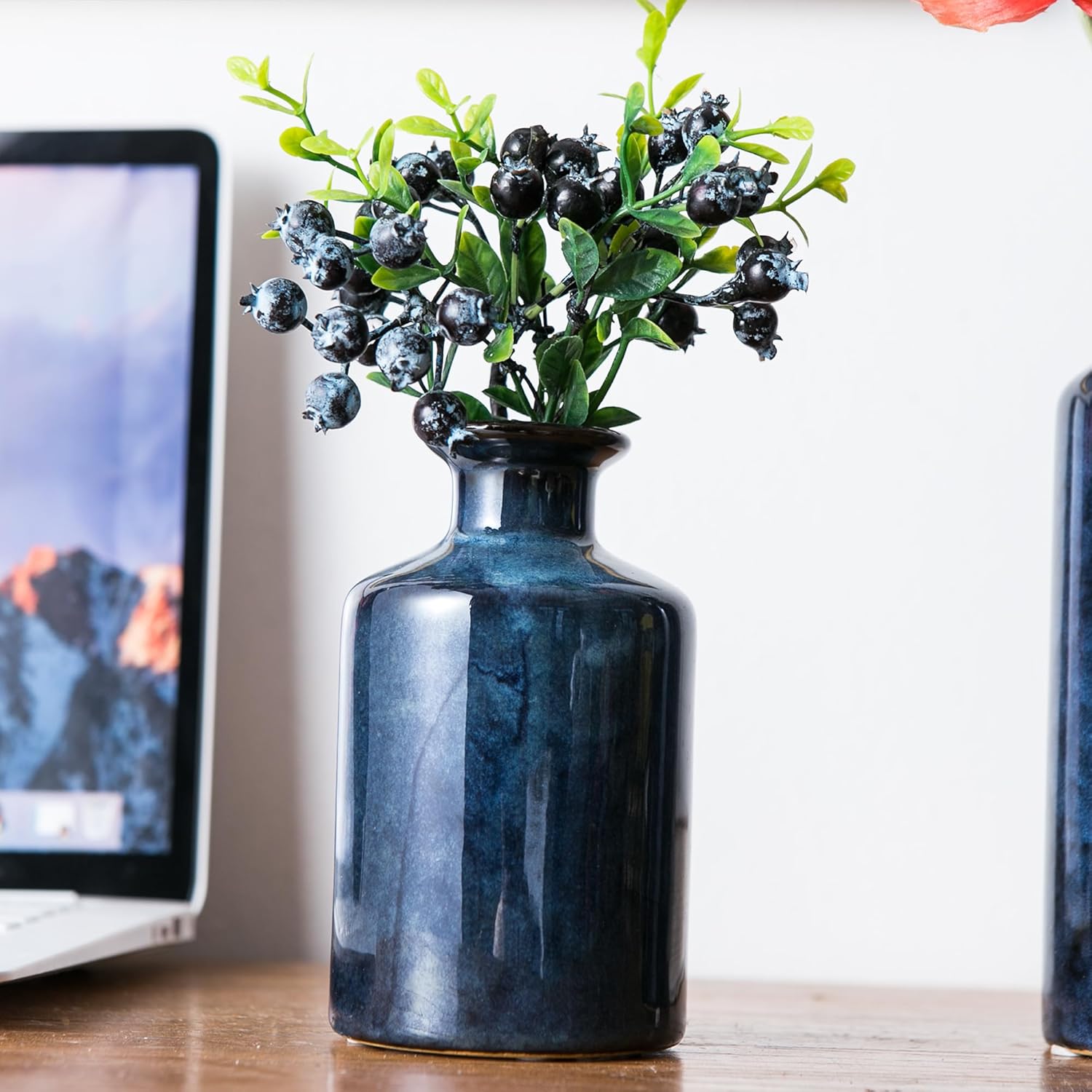 Blue Ceramic Vase Set of 3, Modern Farmhouse Small Vases, Rustic Terracotta Bottles for Living Room Fireplace, Centerpiece Table Decor - Image 4