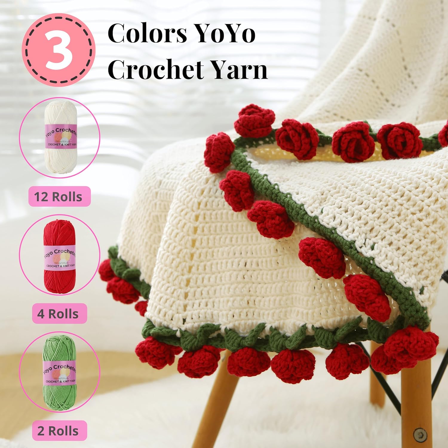 Yoyo Crocheted Rose Blanket Kit for Beginners, 40 inches Flower Bouquet Shawl Kits for Adults, Learn How to Knit with Yarn, Hook & Instructions, DIY Gifts for Women (Red Rose Bouquet Blanket Kits)