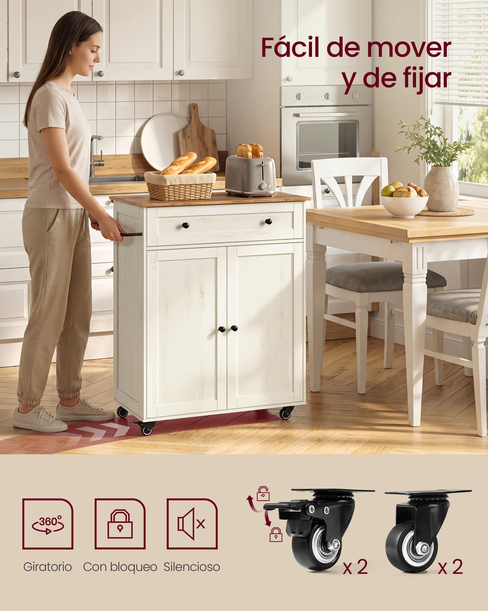 VASAGLE Siren Collection KKI009WJ01 - Mueble de Cocina, Isla de Cocina, con encimera, Ruedas, Carrito de Cocina, cajón, Estilo rústico, Estante Ajustable, Color Blanco Nube y marrón Miel