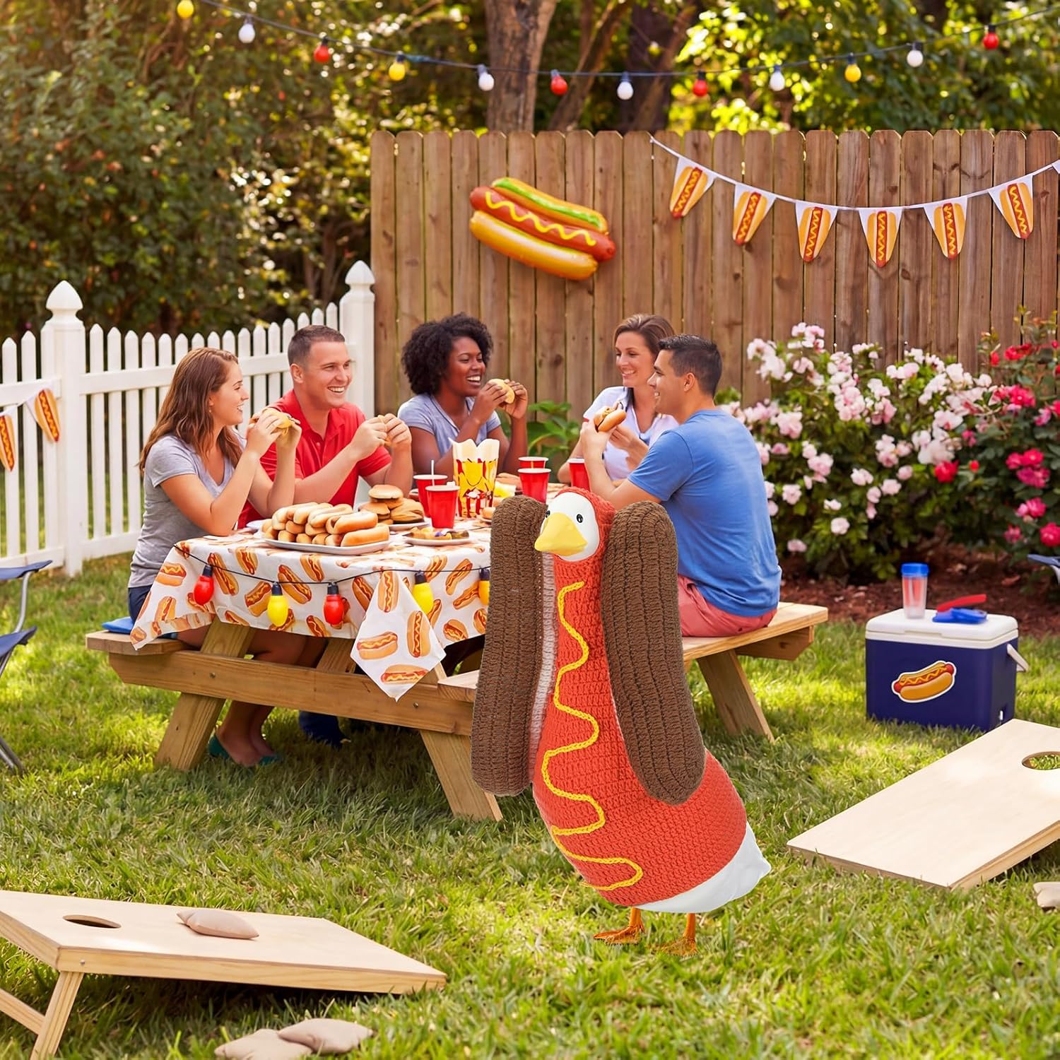 Abbylike 1 Set Hot Dog Porch Goose Outfit Crochet Food Yard Goose Costume Clothes Fits Large 23'' H Cement for Game Day Outdoor Patio Garden Lawn Pathway Spring Statue Art Decorations