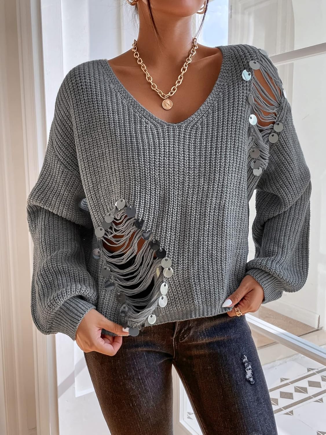 Women's Sweater Sequin Detail Ripped Drop Shoulder Sweater Sweater for Women (Color : Gray, Size : Medium)