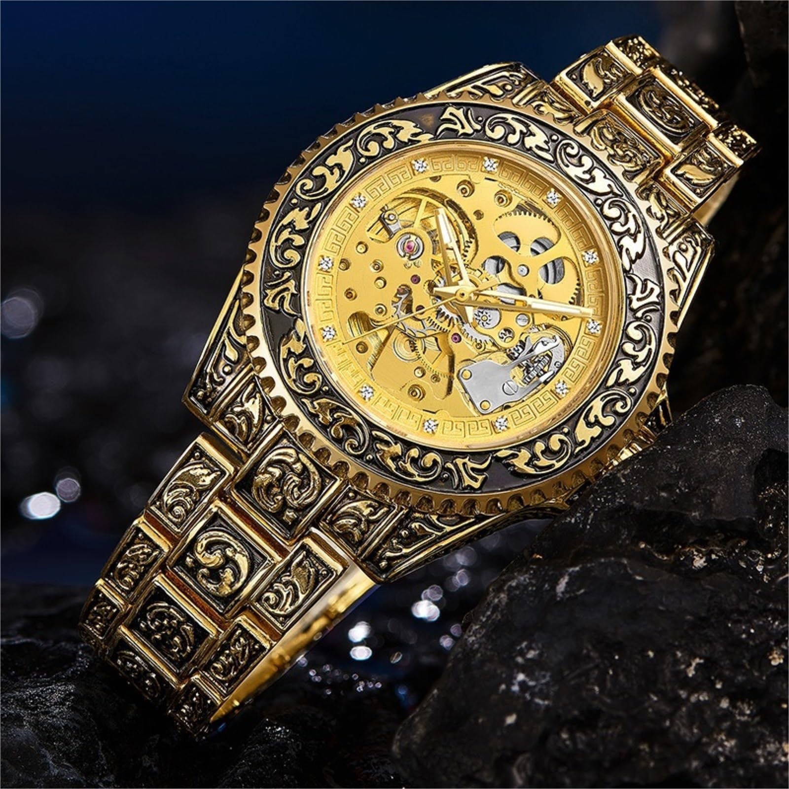 Zegarki Męski szkieletowy automatyczny zegarek ze stali nierdzewnej 43 mm, grawerowana tarcza retro smartwatch