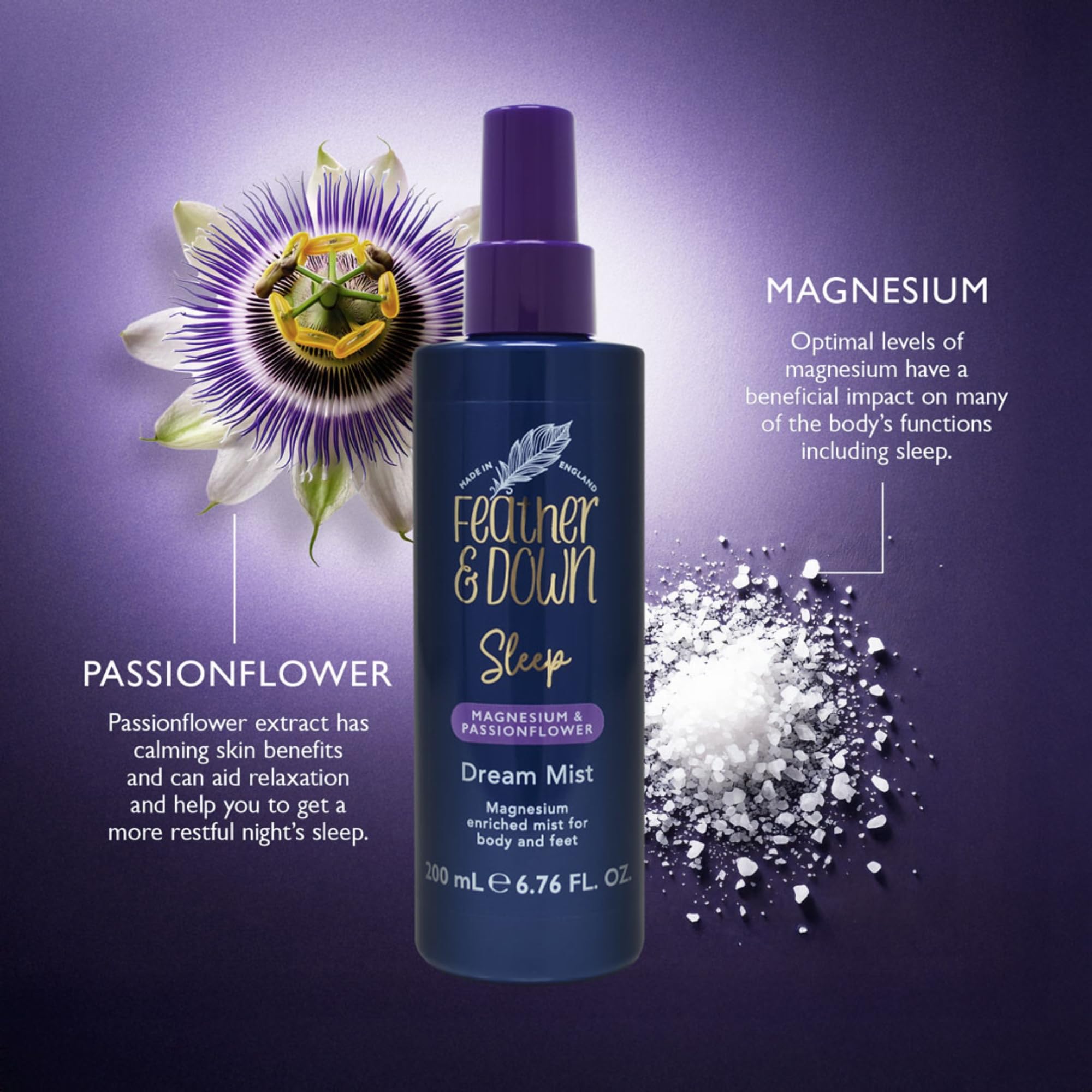 Feather & Down Magnesium and Passionflower Dream Mist (200ml) - Calming Sleep Aid, Soothing Body & Foot Mist Enriched with 5% Magnesium and Passionflower Extract, Relaxation Aromatherapy - 4