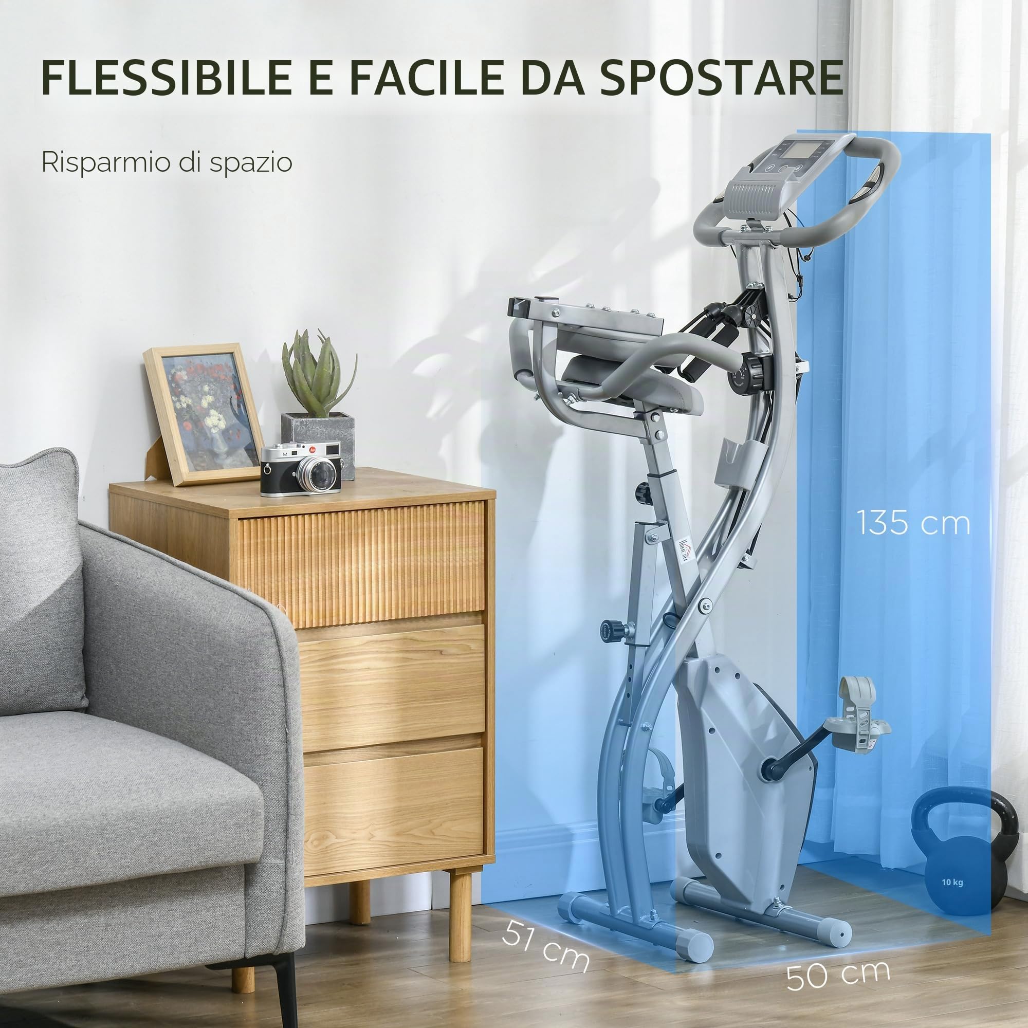 HOMCOM Cyclette pieghevole 4-in-1 magnetica ergometro LCD Grigio | Silenzioso, fasce di resistenza, palestra domestica, allenamento cardio, ruote, sedile comodo, Max 120 kg