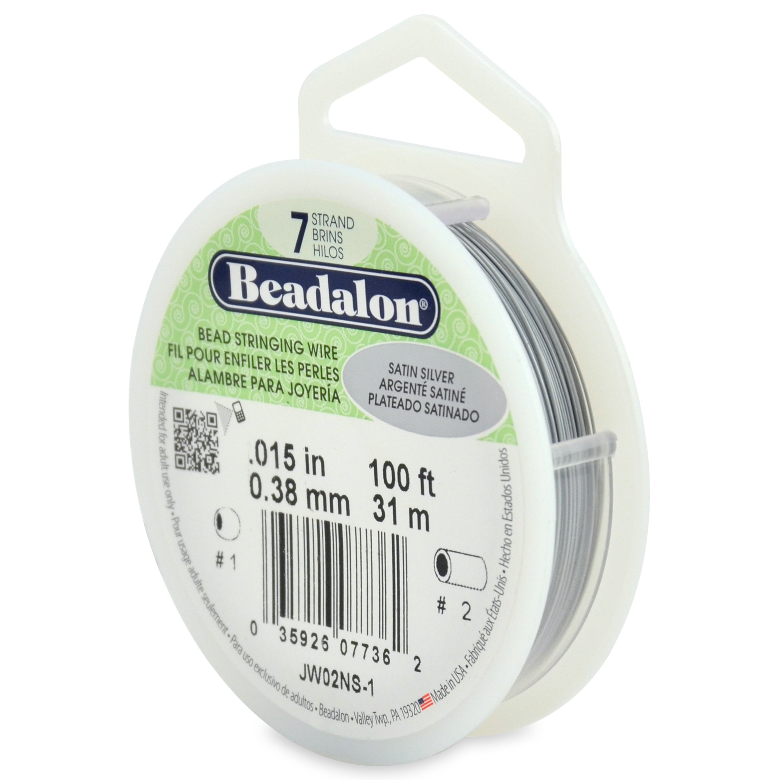 Beadalon 7 Strand Stainless Steel Bead Stringing Wire, 0.015 in / 0.38 mm, Satin Silver, 100 ft / 31 m