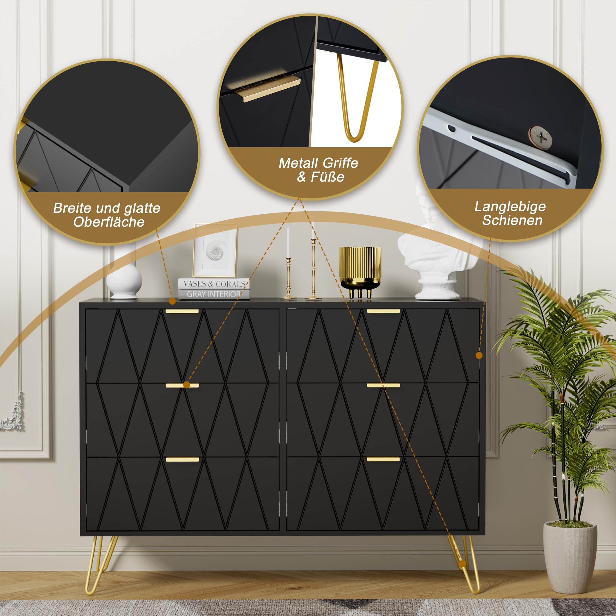 UEV Schlafzimmer Komplett-Set in schwarz, 3er-Set Schlafzimmermöbel, Kommode mit 6 Schubladen und 2er-Set Nachttisch, Goldene Griffe und Füße, Linienmuster, Skandinavisch für Wohnzimmer, Schlafzimmer