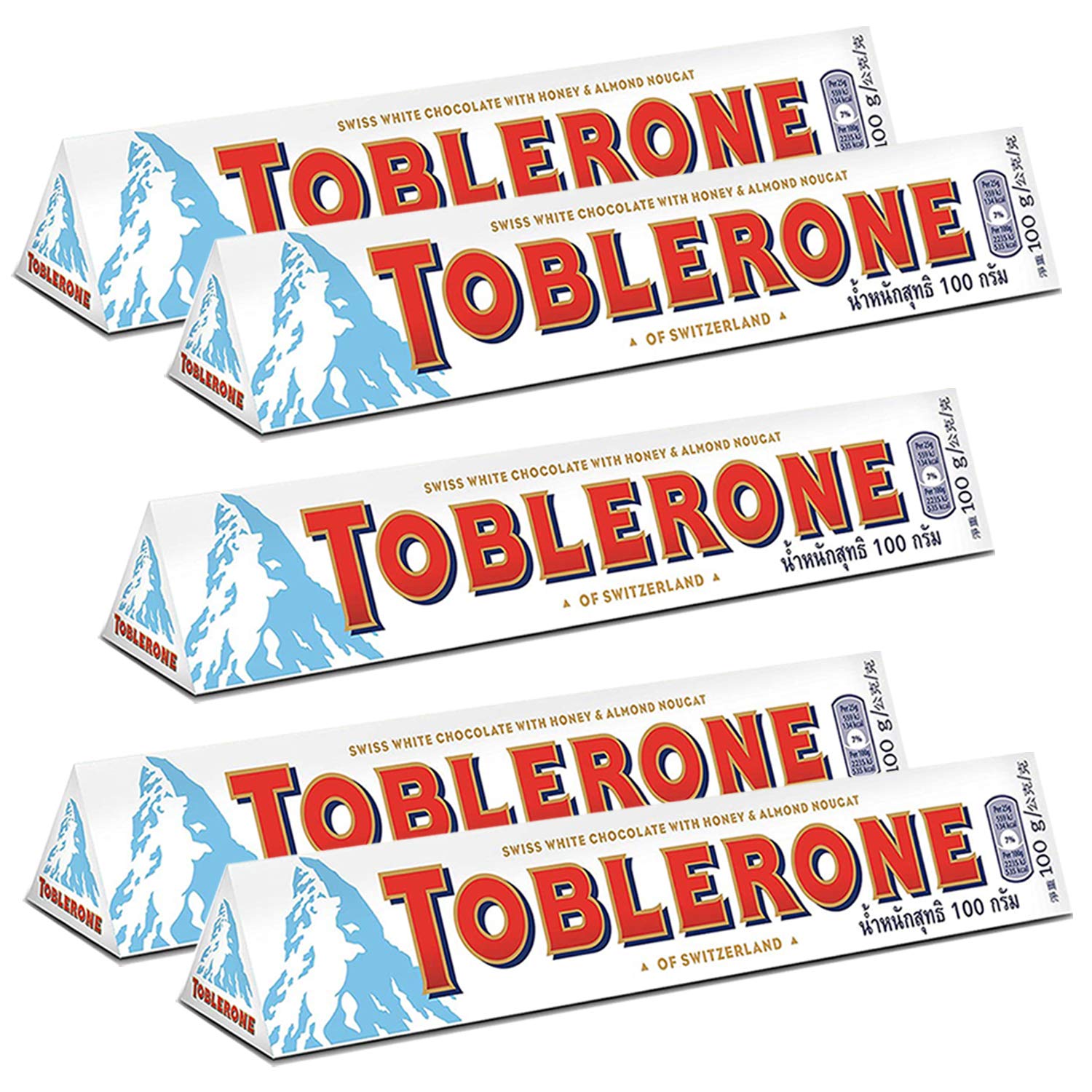 Toblerone of Switzerland White Chocolate with Honey and Almond Nougat - 5 Pack, 5 X 100 gram