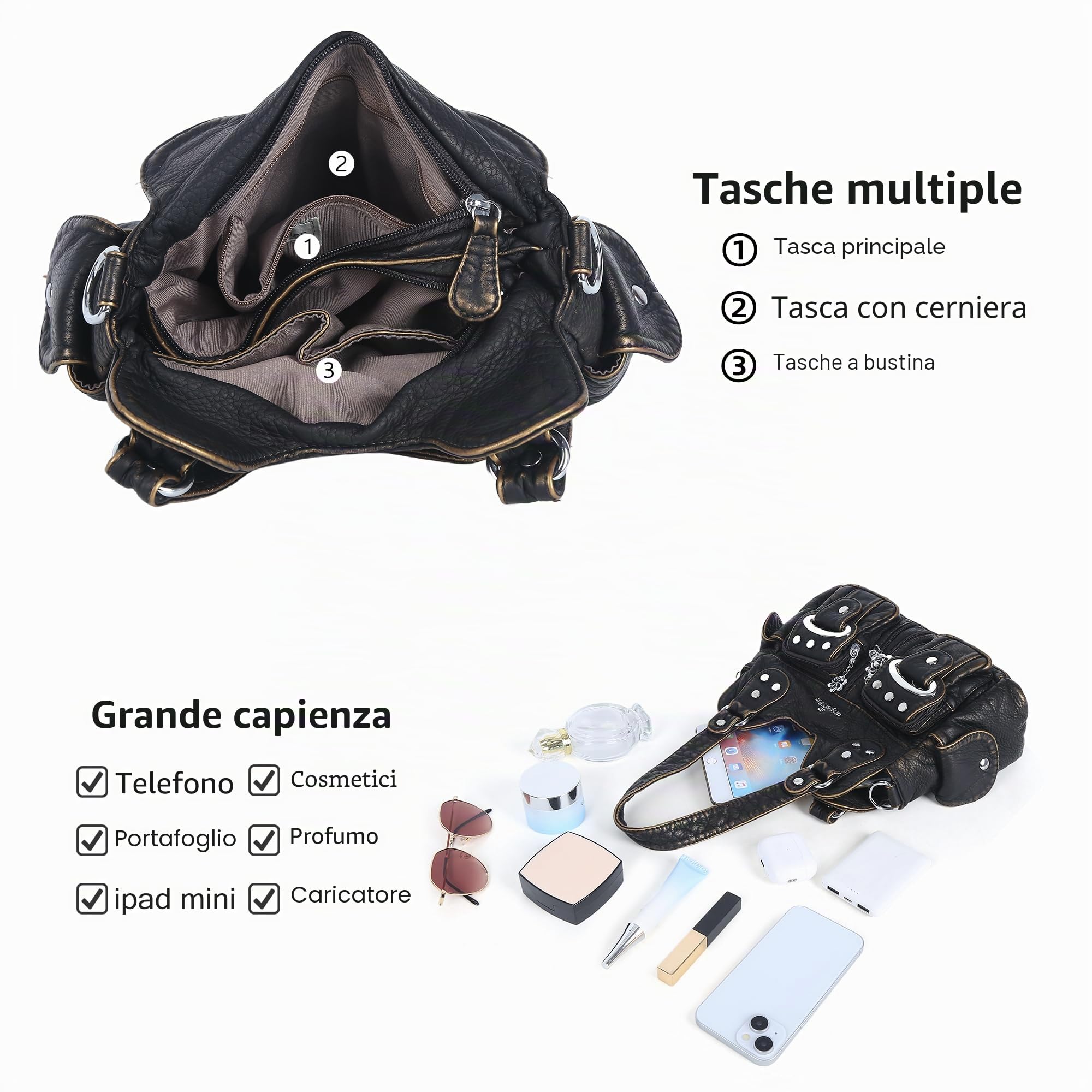 Angel Kiss Piccola borsa a tracolla da donna, in ecopelle lavata con molteplici tasche, borsa a mano con tracolla regolabile
