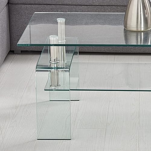 Miniatura 6 de Mesa de centro de vidrio templado mejorada con patas de cristal, moderna mesa de centro pequeña para sala de estar (39 x 22 x 19 pulgadas,