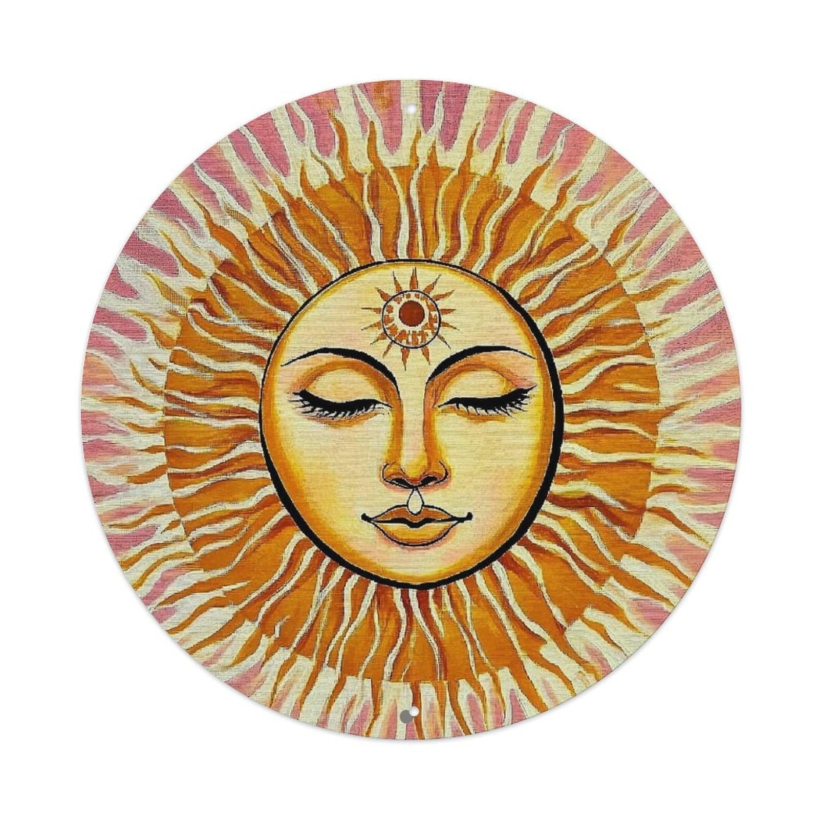 Sun Face With Radiant Rays Round Metal Tin Sign Vintage Wall Decor, Bar Garage Cafe Kitchen Home Wall Art Poster 8x8inches