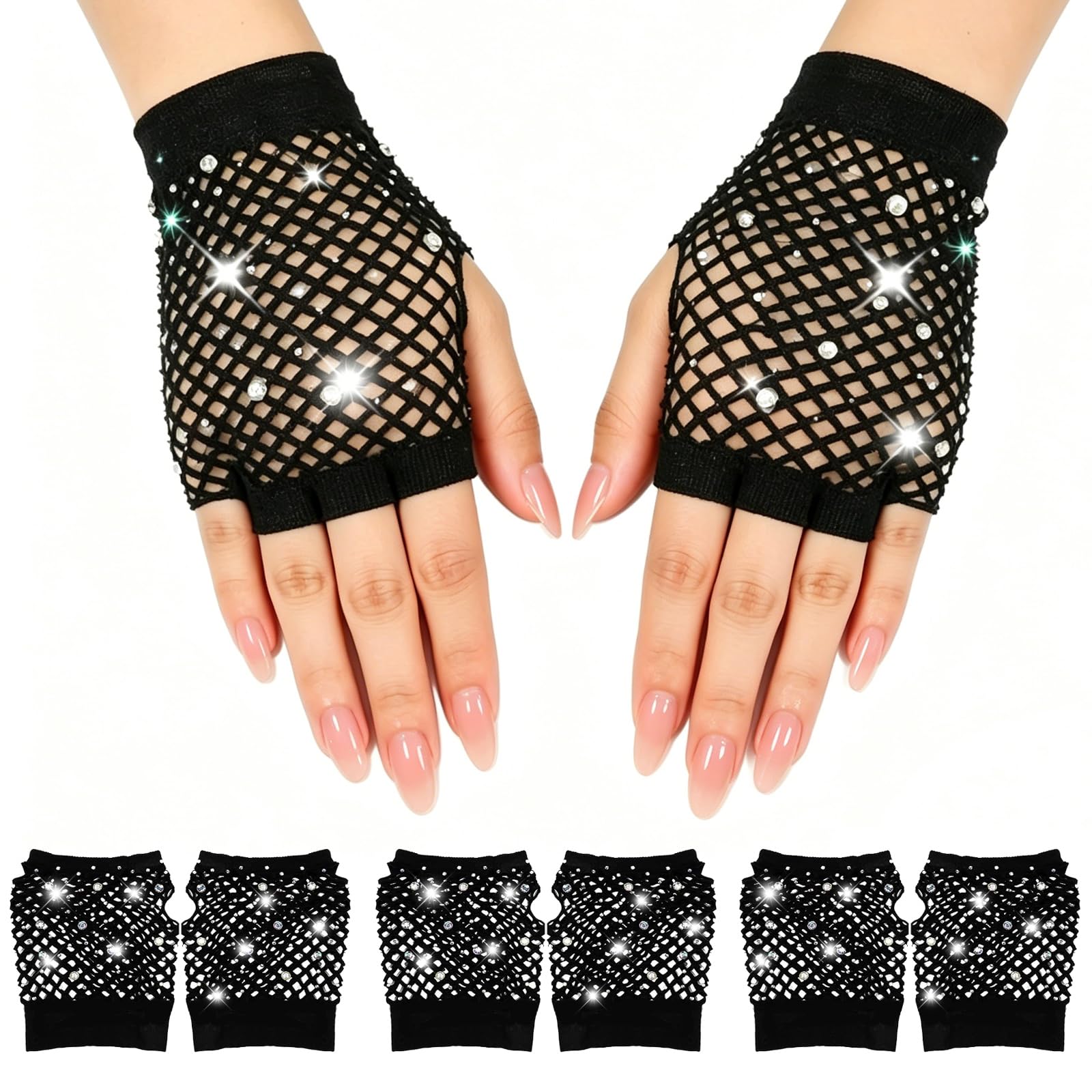 FUSDNW 3Pair Rhinestones Fishnet Gloves,Rhinestone Fishnet Gloves Fingerless for Women for Party Cosplay, Sleeves Bridal Glove for Wedding Halloween