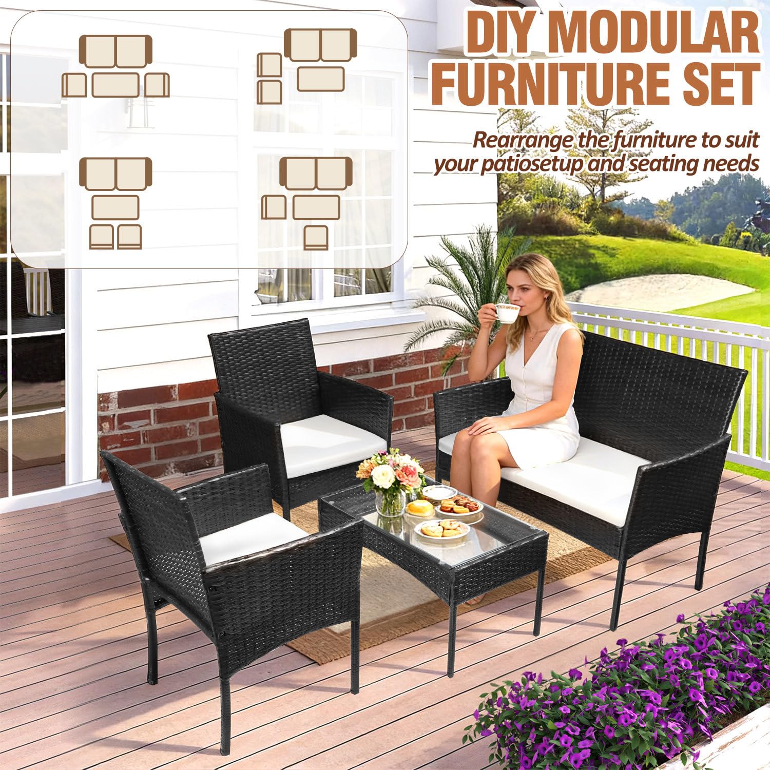 Ensemble de meubles de jardin 4 pièces en rotin synthétique avec table en verre, 2 fauteuils et canapé 2 places, salon compact avec coussins de 5 cm pour balcon, terrasse, jardin, noir
