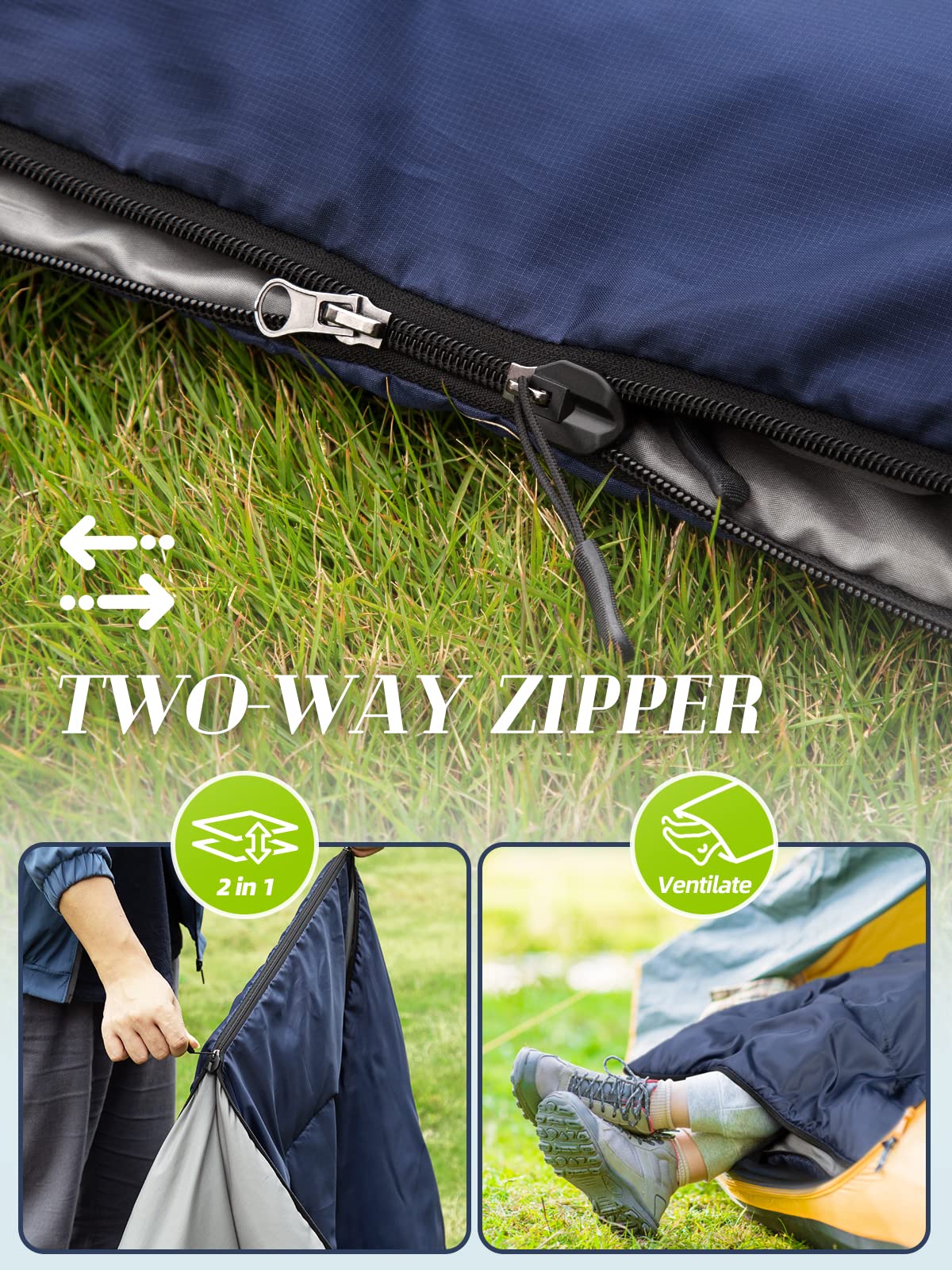 Bessport Saco de Dormir,15℃~25℃ Puede ser 2 en 1 Camping Saco de Dormir para Adultos o niños Un cómodo y Compacto Saco de Dormir Impermeable para Tres Estaciones para Acampar