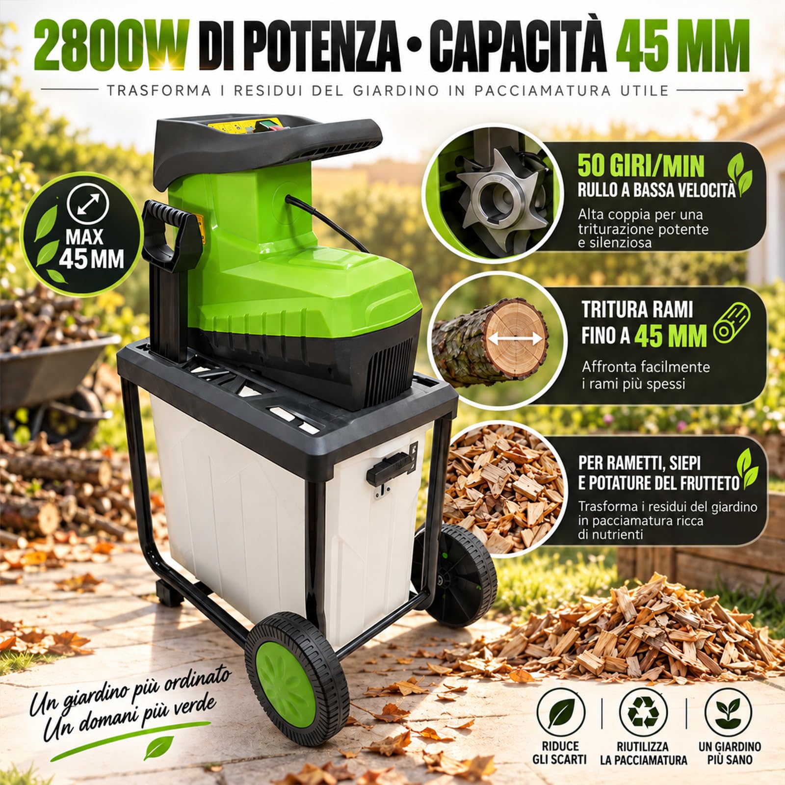 Biotrituratore 2800W, capacità 45mm E Contenitore 60L