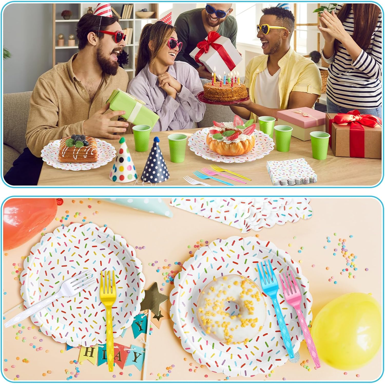 Newtay 96 Pcs Donut Plates and Napkins Party Supplies Include Sprinkles Paper Plates, 2 Ply Cocktail Napkins, Plastic Forks Disposable Tableware for Baby Shower Birthday Party for 24 Guest (Scalloped)