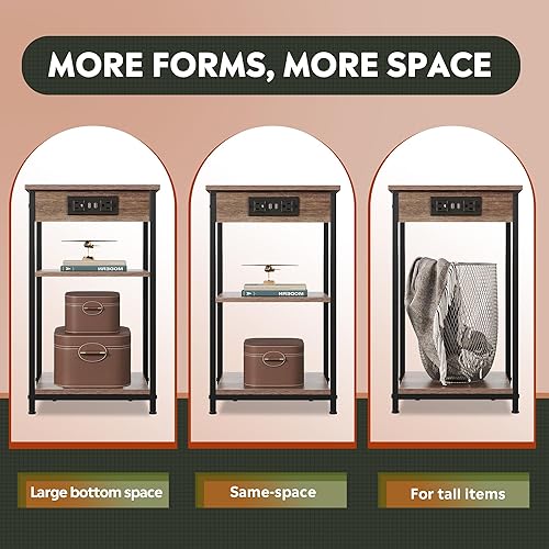 Miniatura 4 de WLIVE Mesa auxiliar con estación de carga y puertos USB, mesas auxiliares pequeñas para espacios pequeños, mesita de noche de 3 niveles con estante