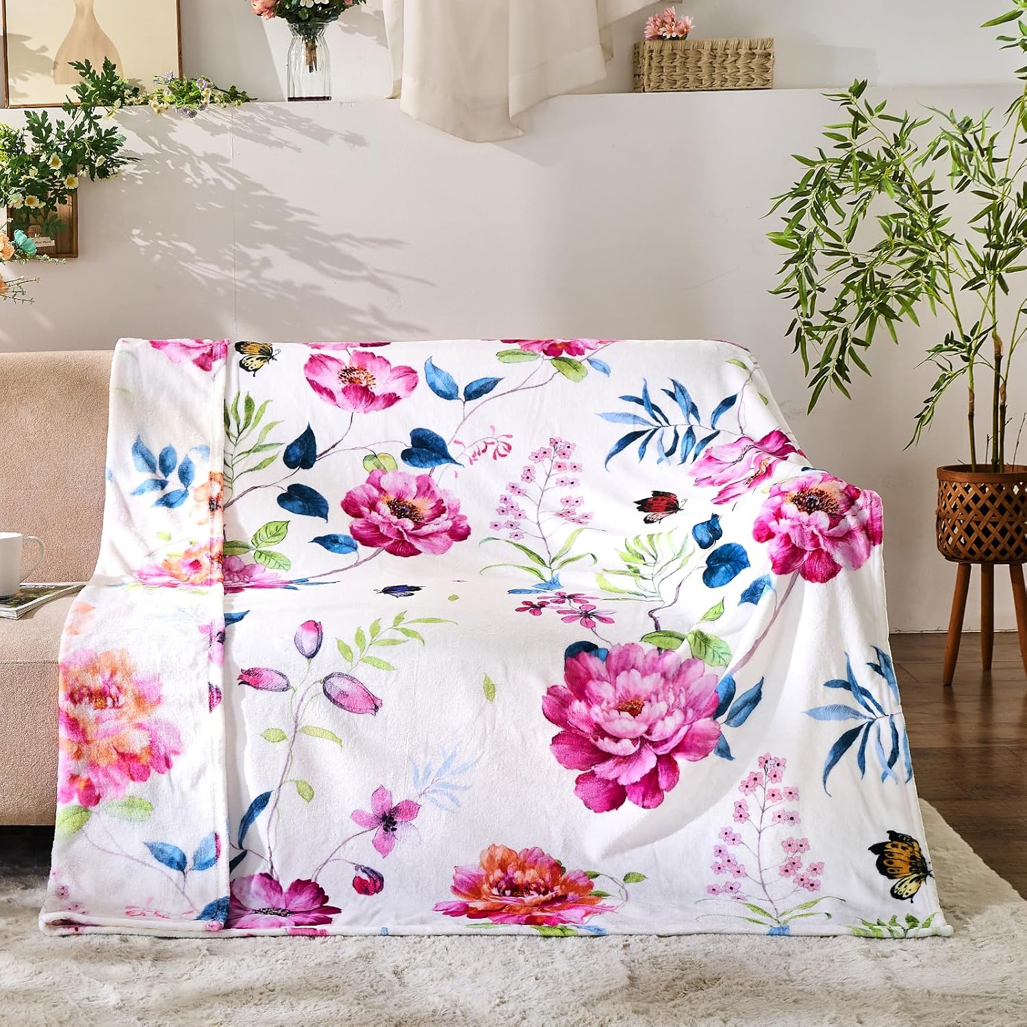 Floral Throw Blanket Birthday Gift for Women Mom Girls Peony Flowers Blanket Summer Wildflower Flannel Blanket Watercolor Printed Throw for Couch Sofa Bed Chair 60"x80"