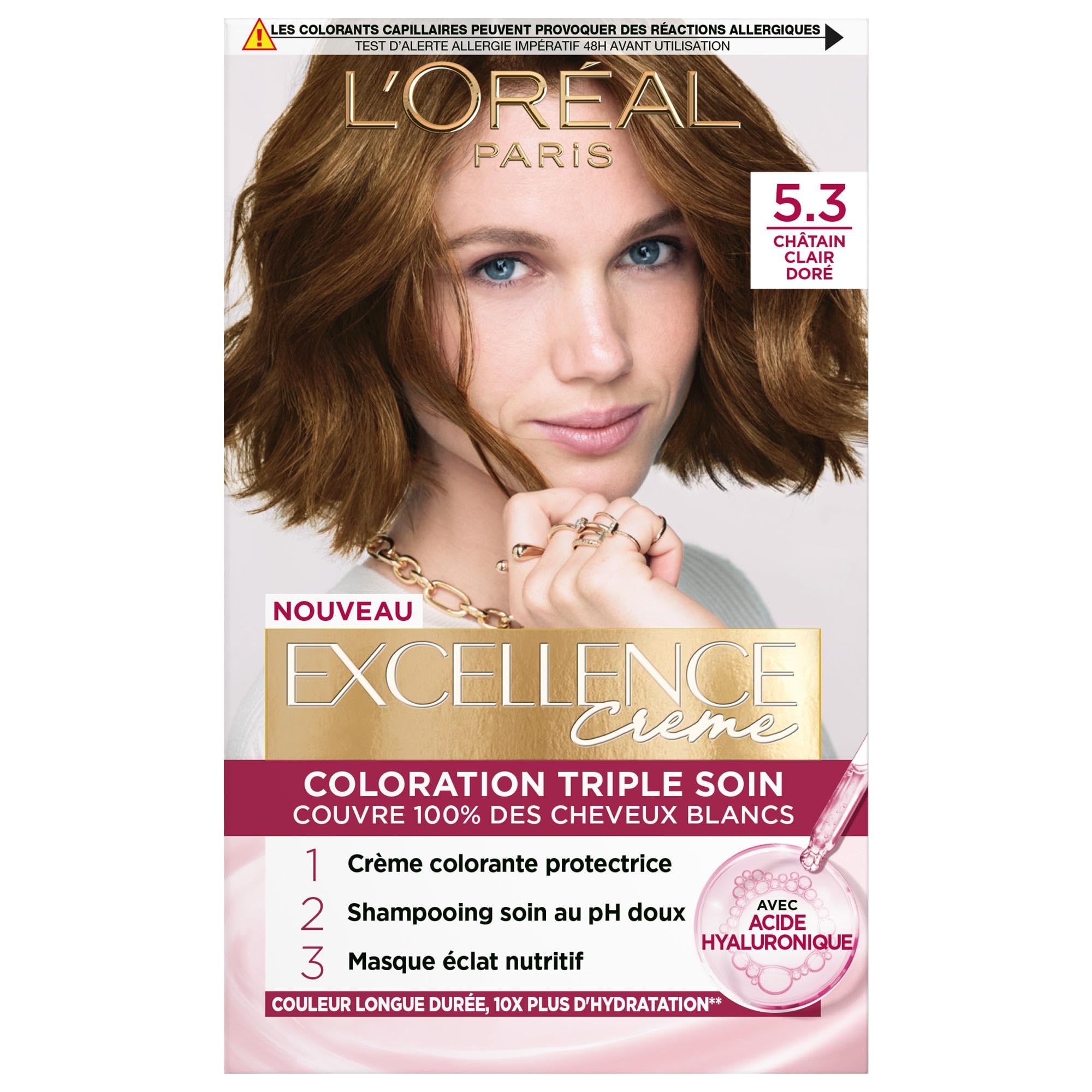 L’ORÉAL PARIS - Coloration Cheveux Permanente Triple Soin - Couvre 100% des Cheveux Blancs - Excellence Crème - Nuance : Châtain Clair Doré (5.3)