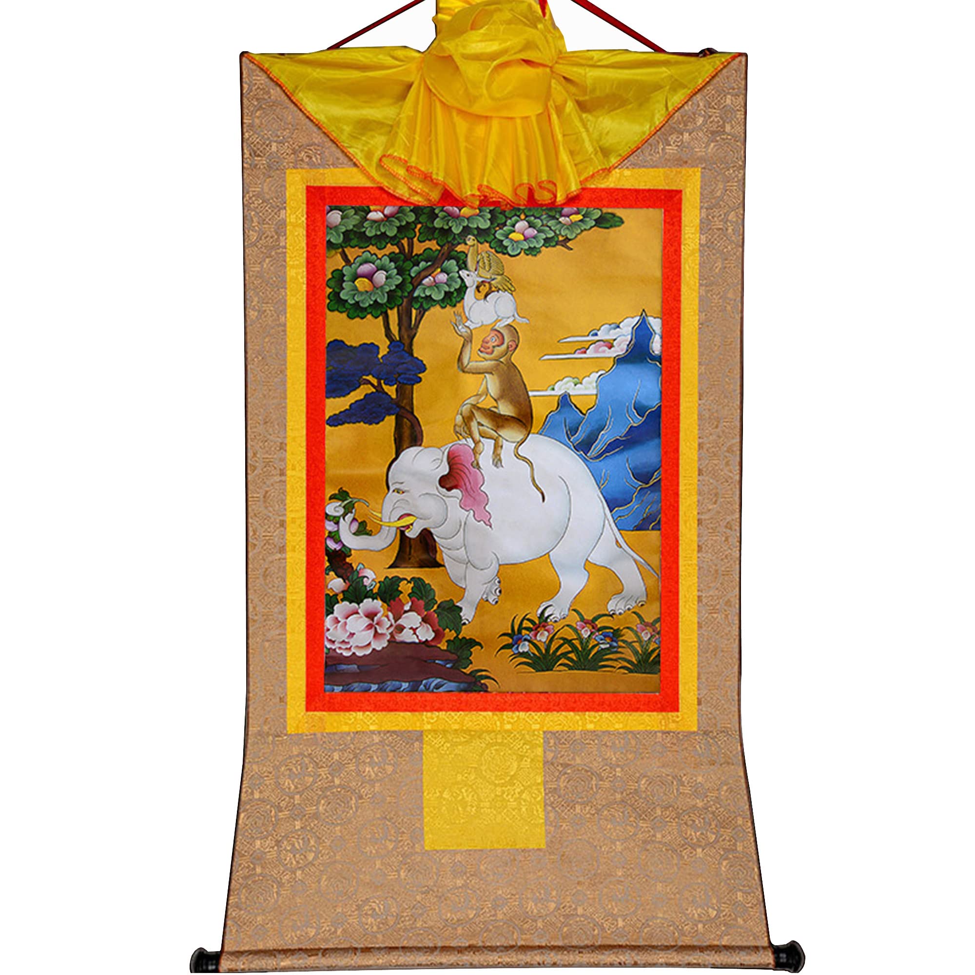 Thangka Tibetisch-buddhistischer Thangka-Brokat-Wandteppich „Vier harmonische Tiere“, Mehrfarbig, mehrere Größen(Beige,XL(120cm*82cm))