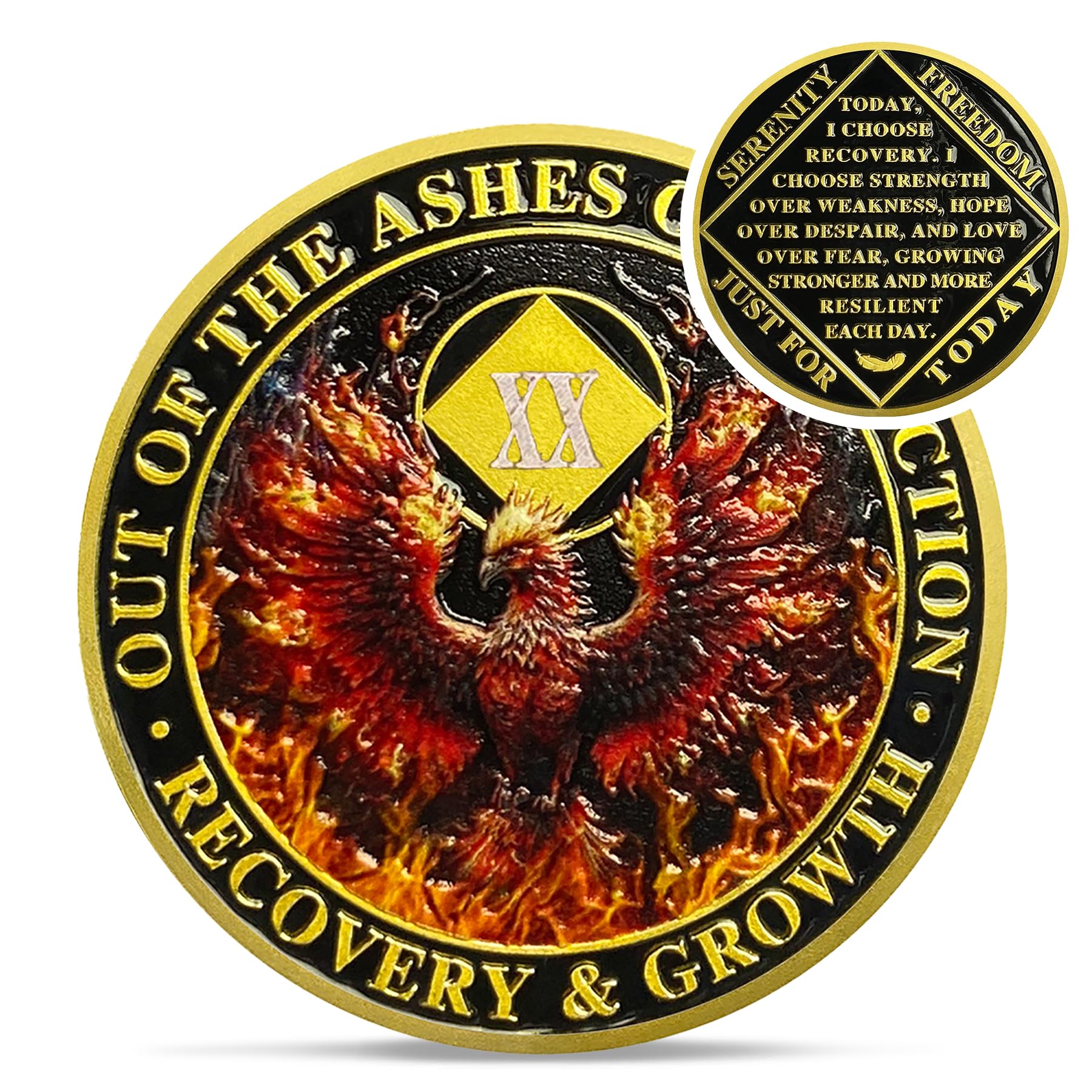 Delicate Phoenix 20 Year Na Medallions - Reborn from Fire Sobriety Coin - 20 Years Recovery Addiction Token - Celebrate Clean and Sober Chip - 1-20