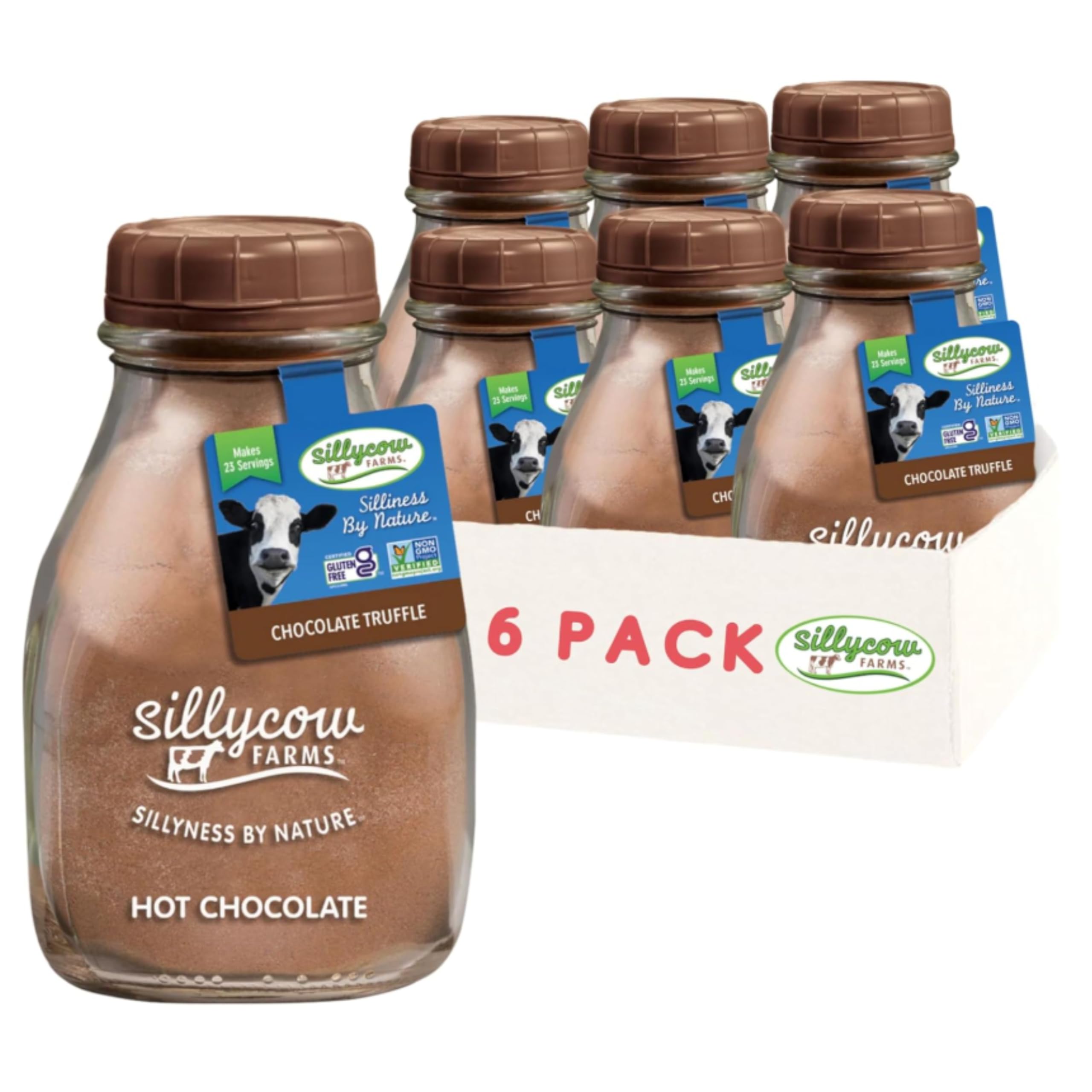 Sillycow Farms Hot Chocolate Mix Truffle Flavor | Vegan, Nut Free Certified Quality Cocoa Powder | Gluten-Free, Non-GMO & Dairy-Free | Reusable Packaging | 16.9 Oz Reusable Glass Bottle - Pack of 6