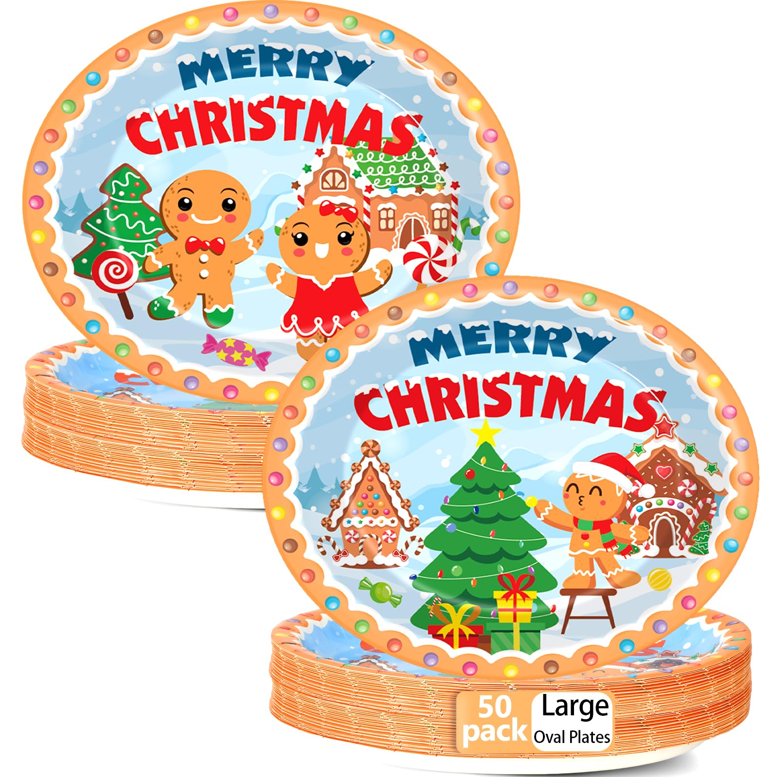 50 platos de papel ovalados de pan de jengibre de Navidad, grandes, desechables, de 11 pulgadas, para casa, hombre, platos de papel de Navidad, suministros de fiesta temática de pan de jengibre,