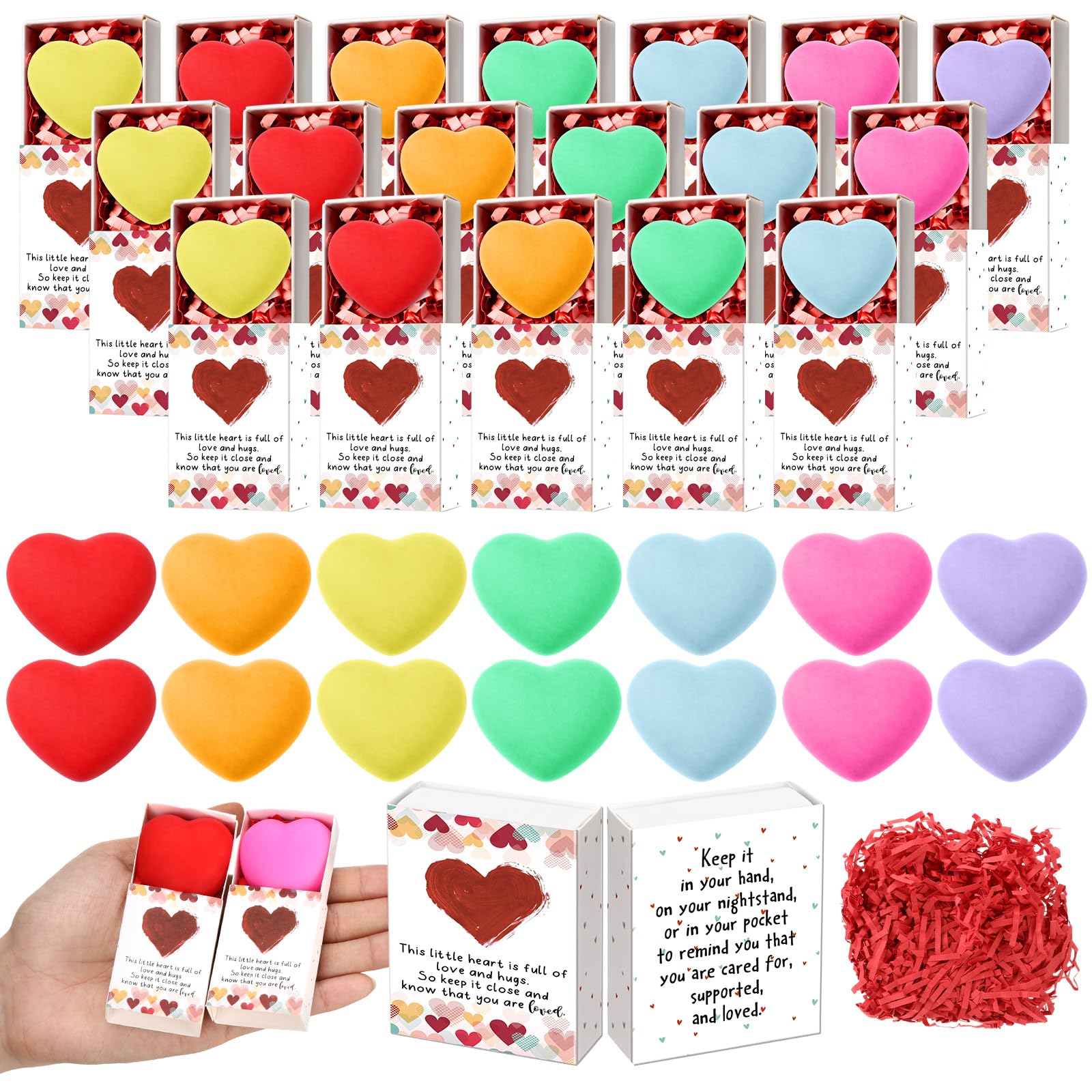Wettarn 35 Sets You are Loved Gifts Heart Stress Balls with Support Boxes Pocket Hug Hearts for Emotional Positive Desk Decor Women Friends Coworkers Office Mothers Day Party Favors